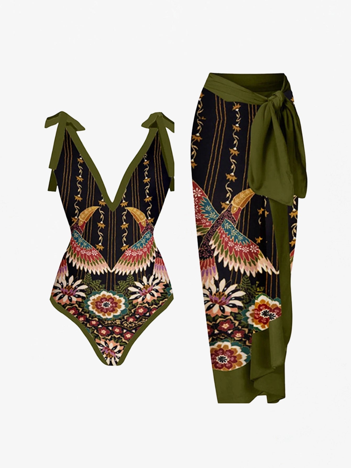 Exotic Floral & Bird Print Swimwear Two-Piece Set