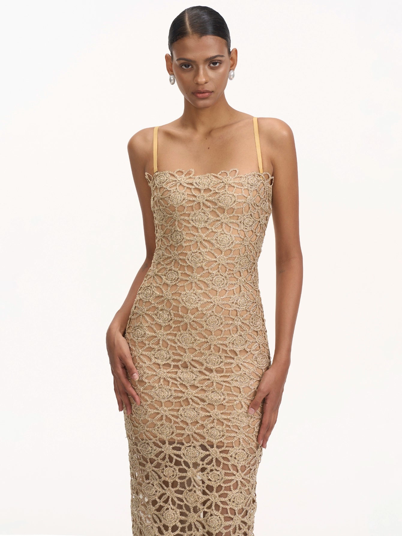 Halterneck Midi Dress with Intricate Crochet Detailing