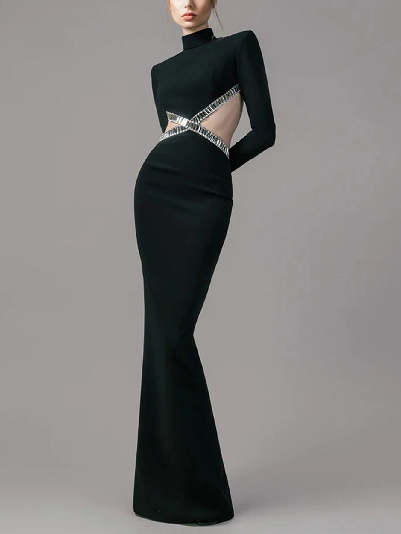 Crystal Cutout Long-Sleeve Mermaid Gown