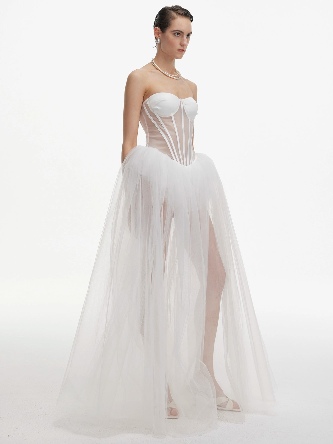 White Corset Gown with Tulle Skirt