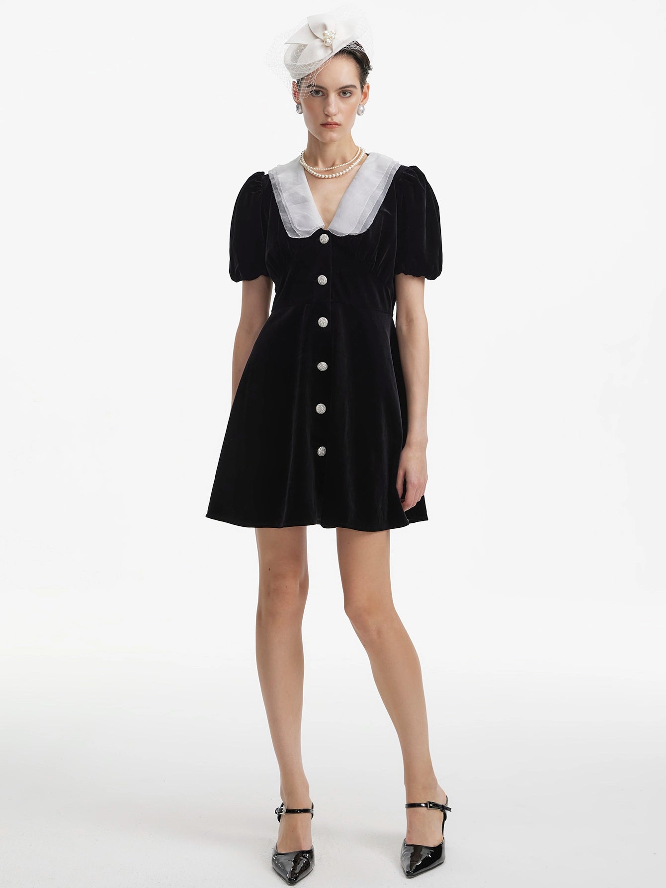 Peter Pan Collar Button Front Velvet Dress