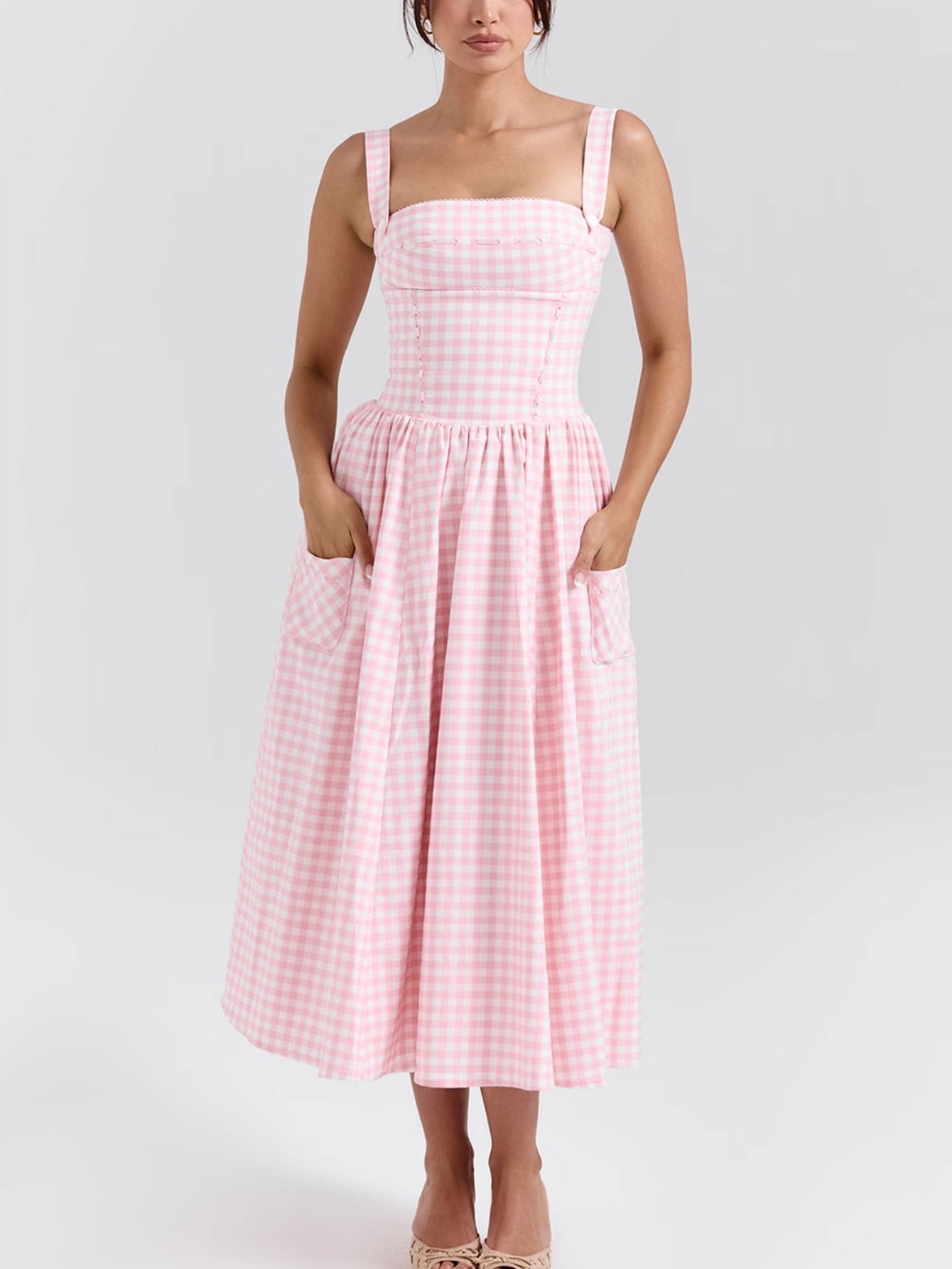 Plaid Checkered Sundress with Pockets - Retro Style Midi Dress for Women - fashionprilin