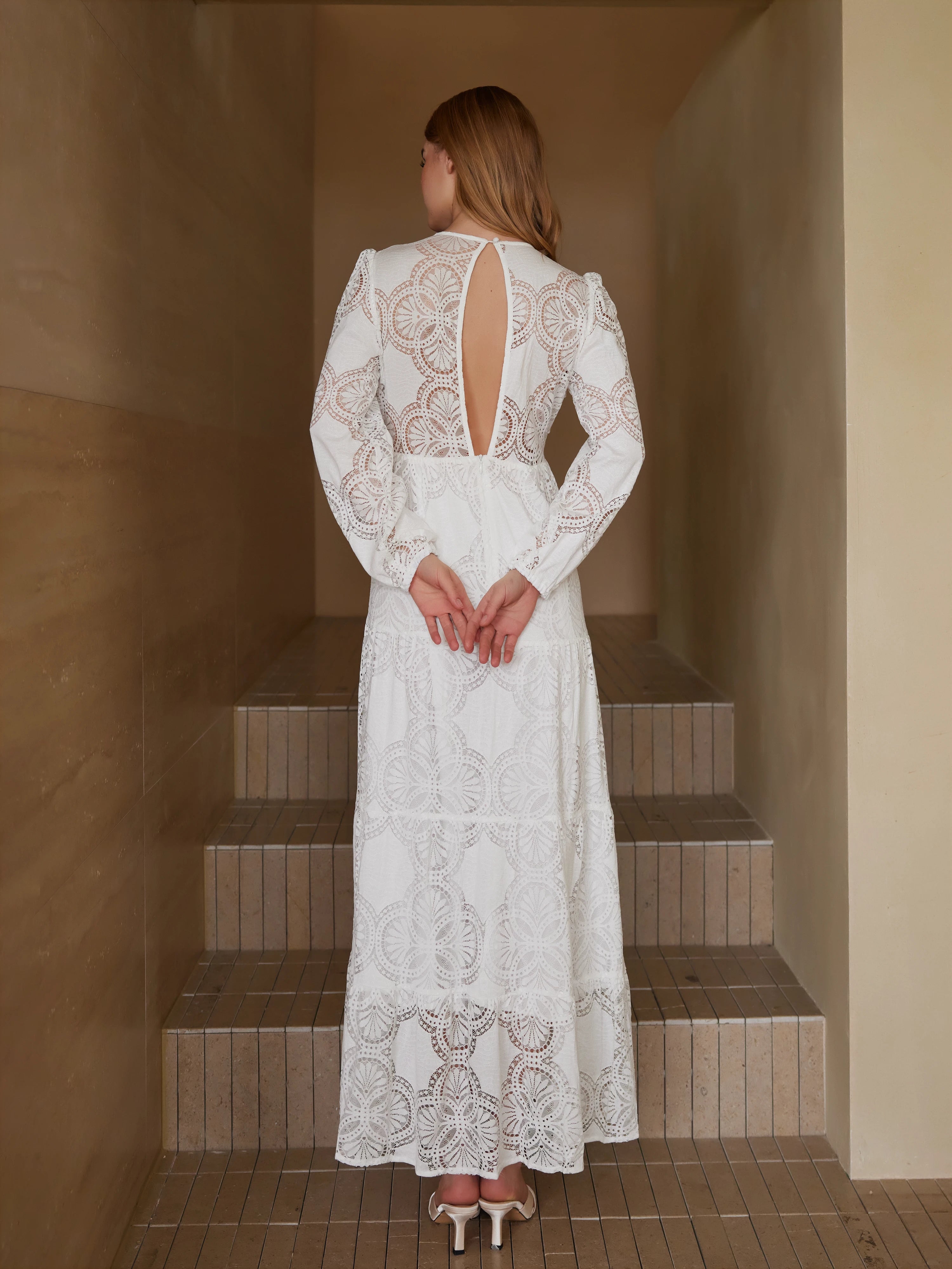 Embroidered Long-sleeved Lace Maxi Dress