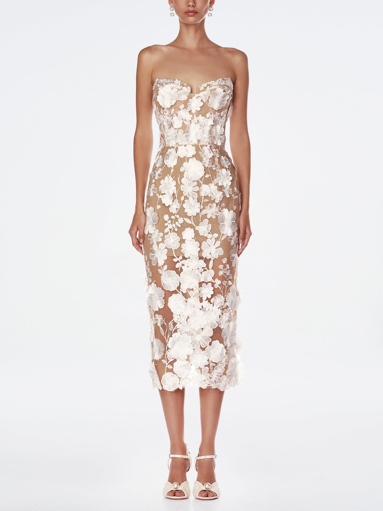 Ethereal Embroidered Sheath Dress with Floral Appliques