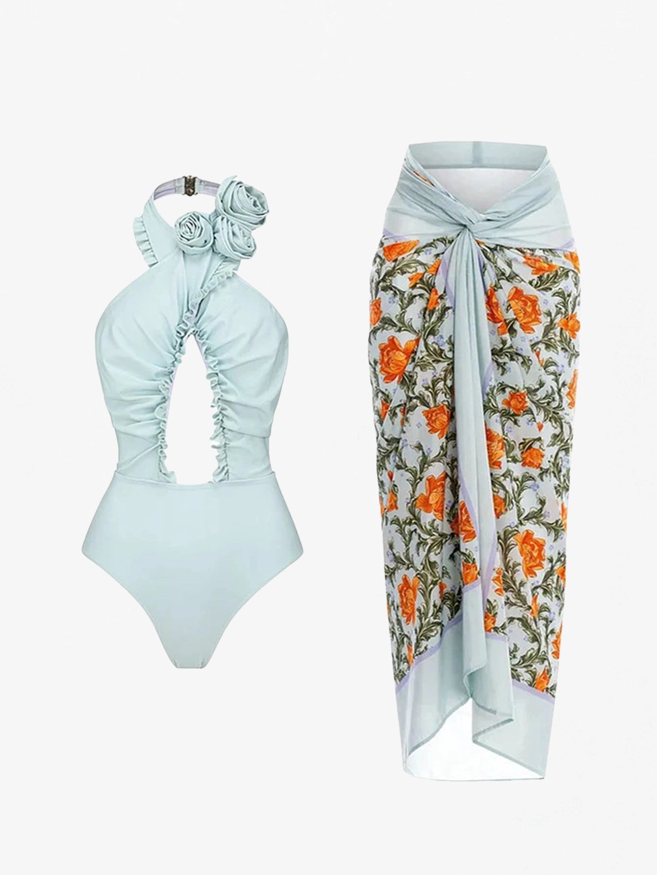 Elegant Mint Floral Swimwear Two-Piece Set