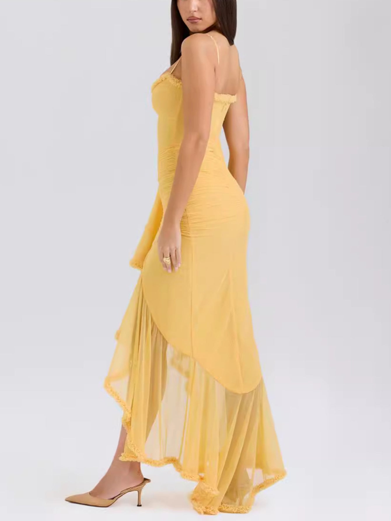 Spaghetti Strap Ruffles Hem High Low Frill Maxi Dress - fashionprilin