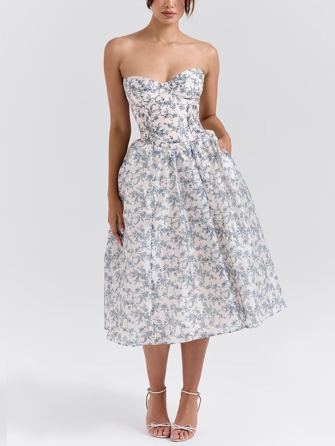 Porcelain Print Corset Strapless Midi Sundress - fashionprilin