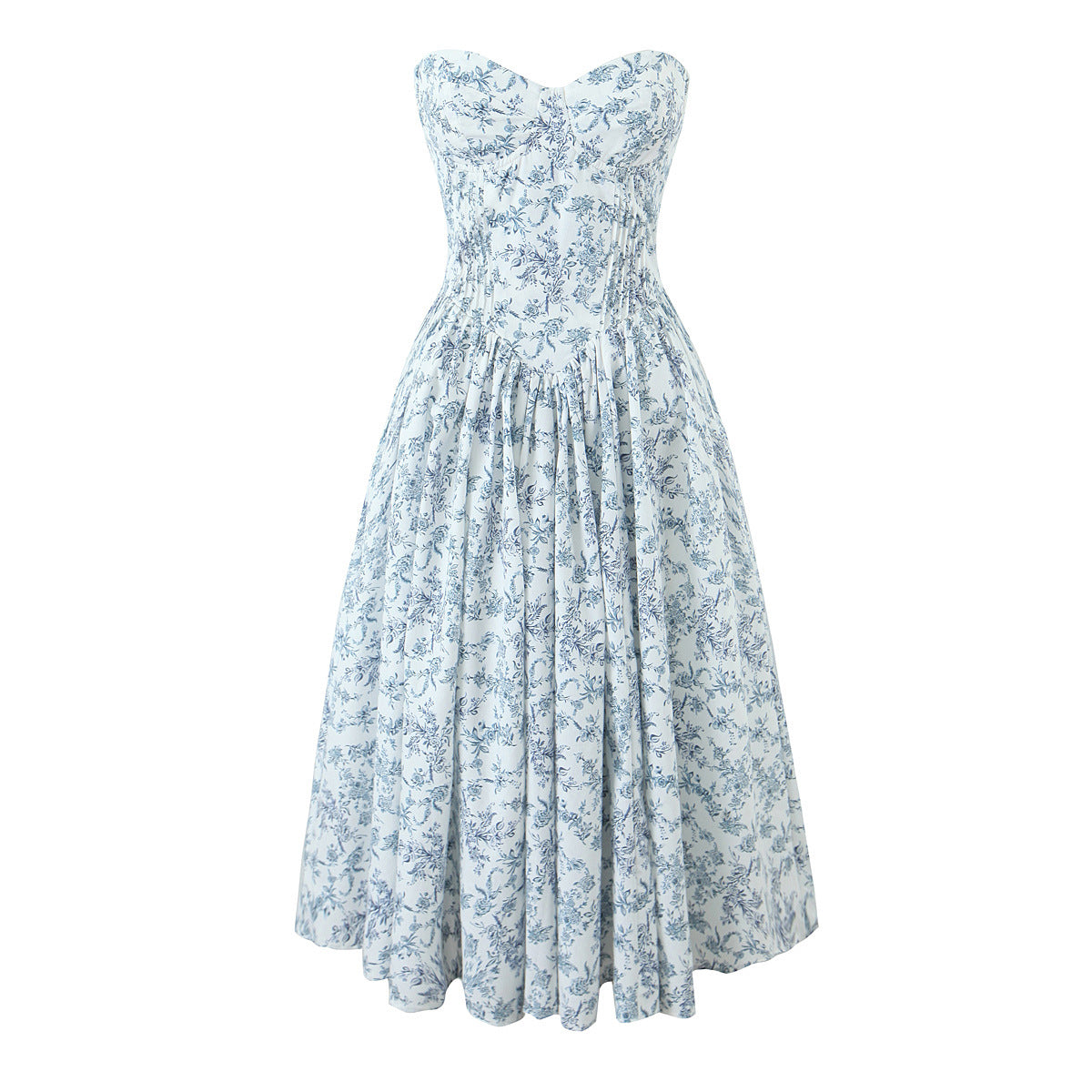 Porcelain Print Corset Strapless Midi Sundress - fashionprilin