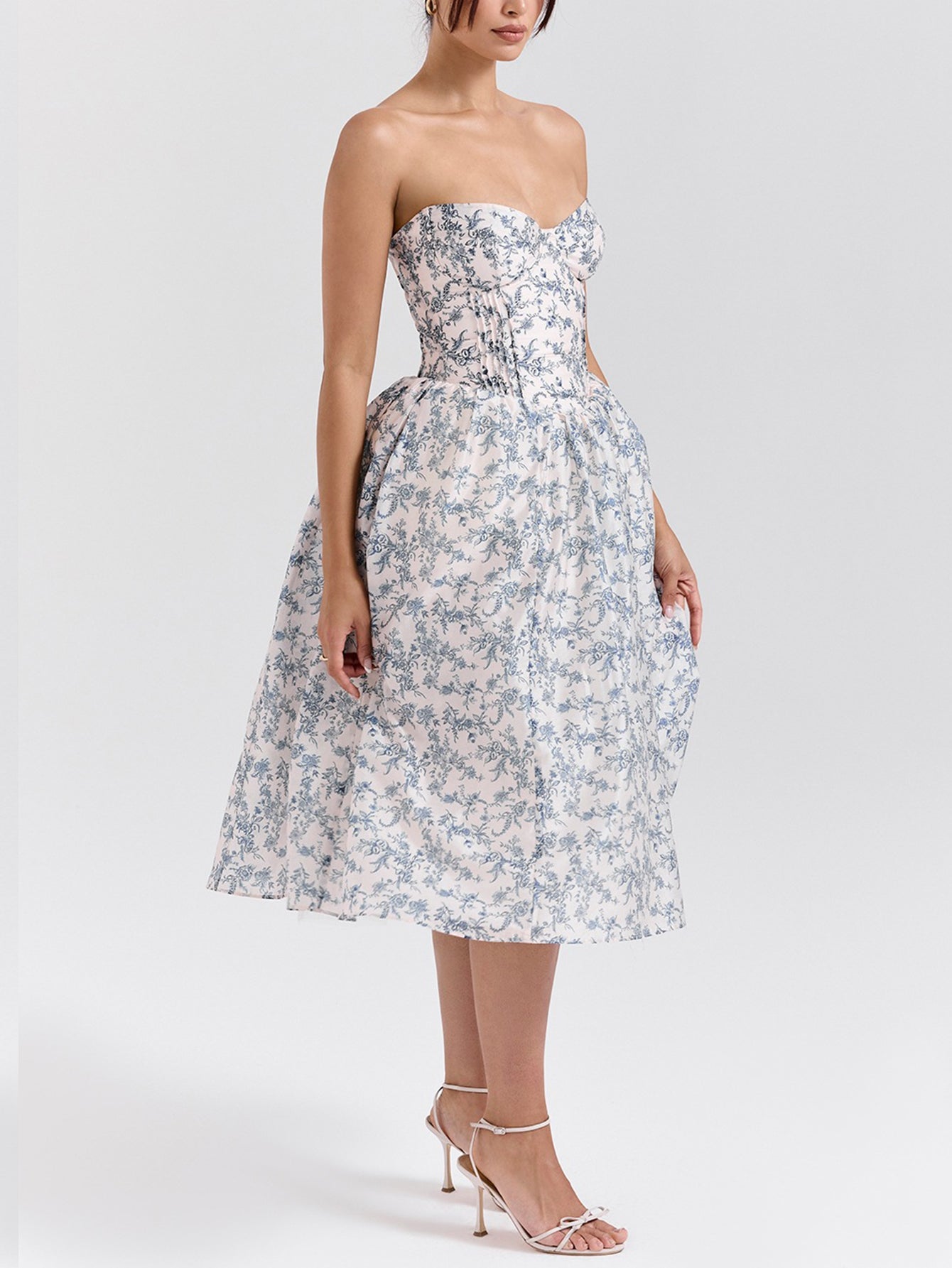 Porcelain Print Corset Strapless Midi Sundress - fashionprilin