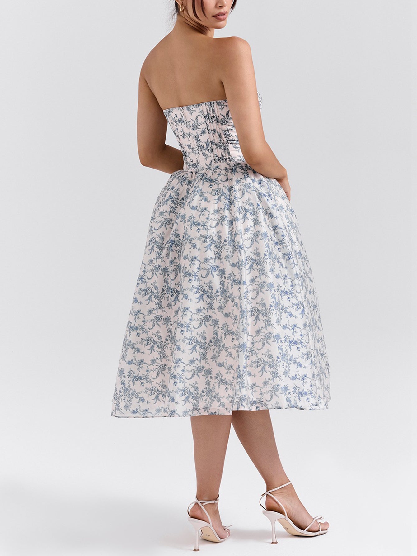 Porcelain Print Corset Strapless Midi Sundress - fashionprilin