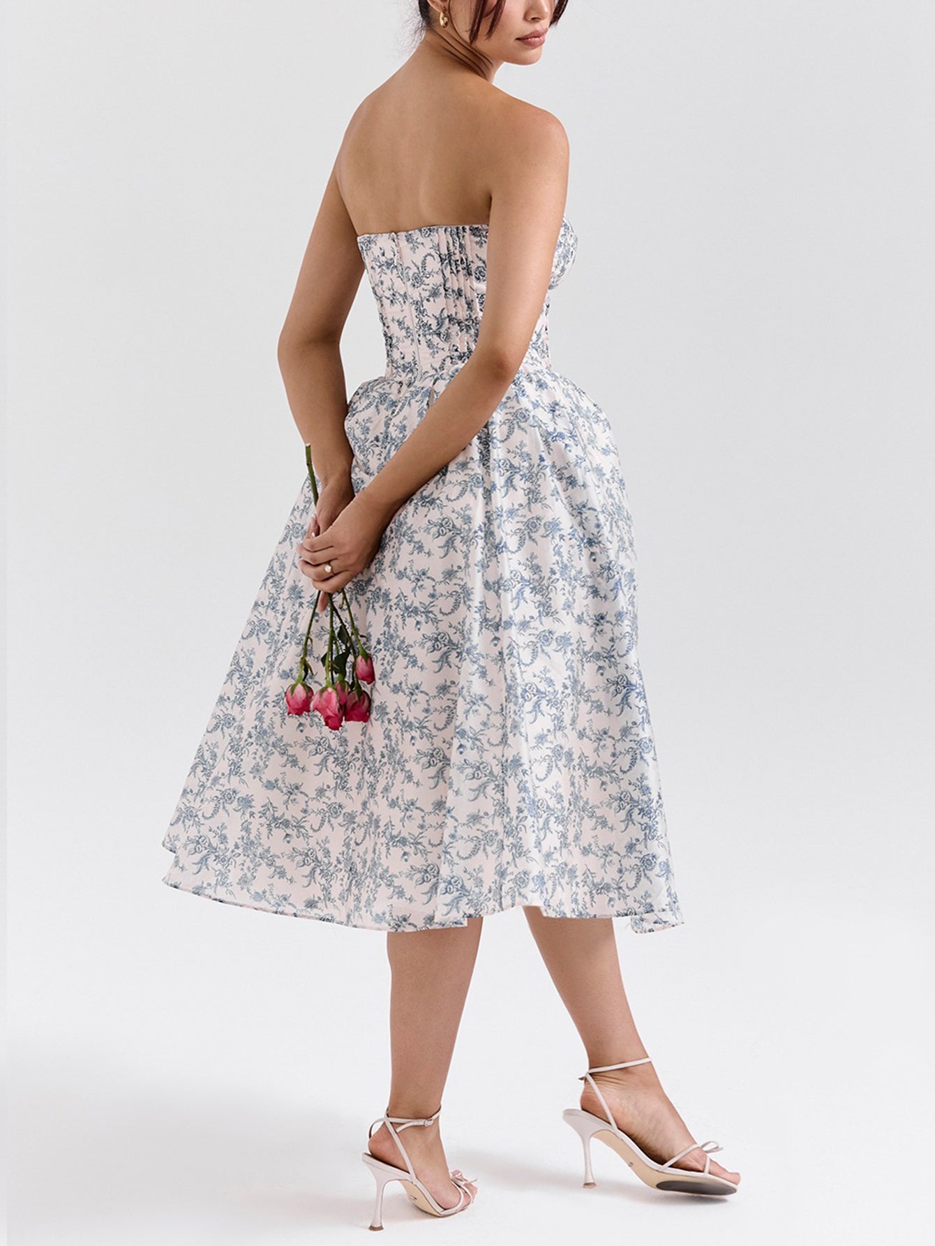 Porcelain Print Corset Strapless Midi Sundress - fashionprilin