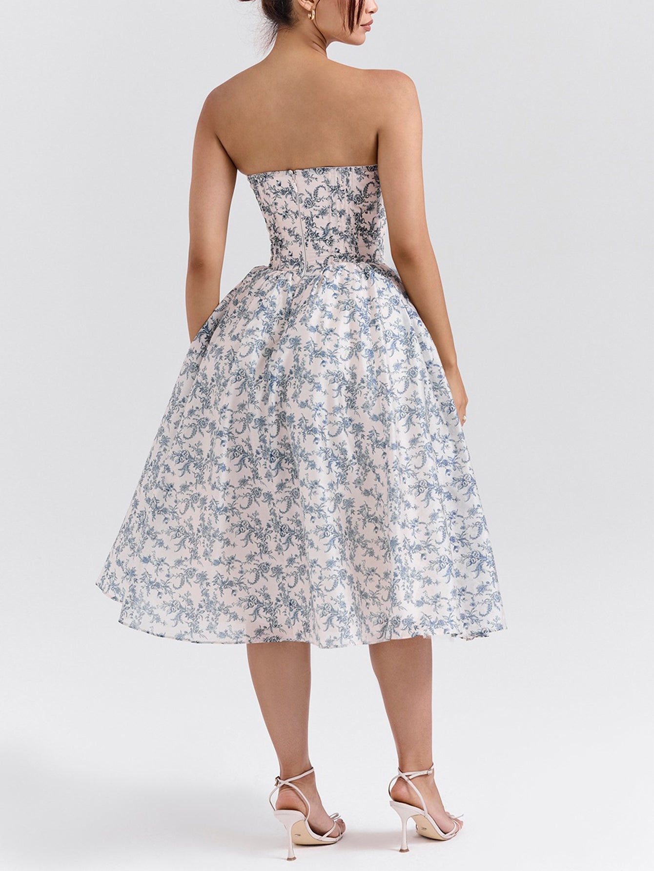 Porcelain Print Corset Strapless Midi Sundress - fashionprilin