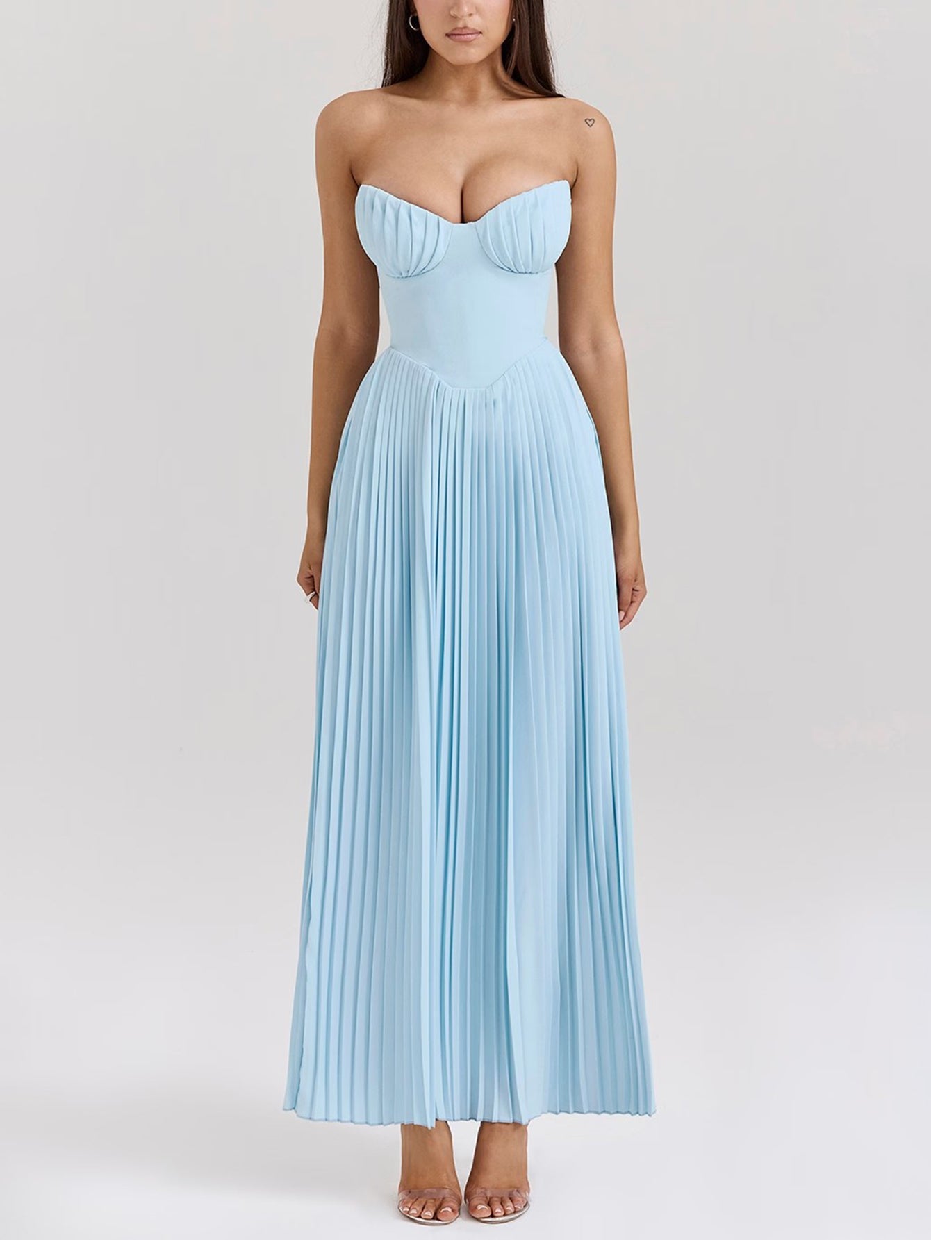 Strapless V Neck Pleated Corset Maxi Party Dress - fashionprilin