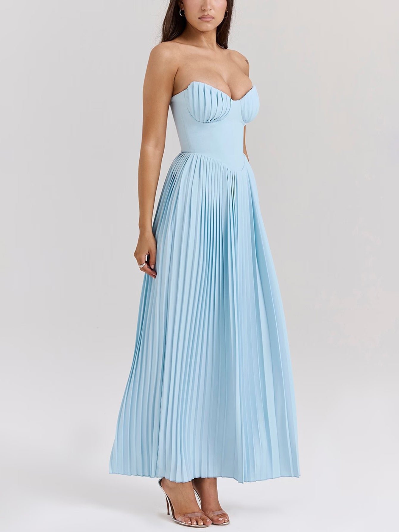 Strapless V Neck Pleated Corset Maxi Party Dress - fashionprilin