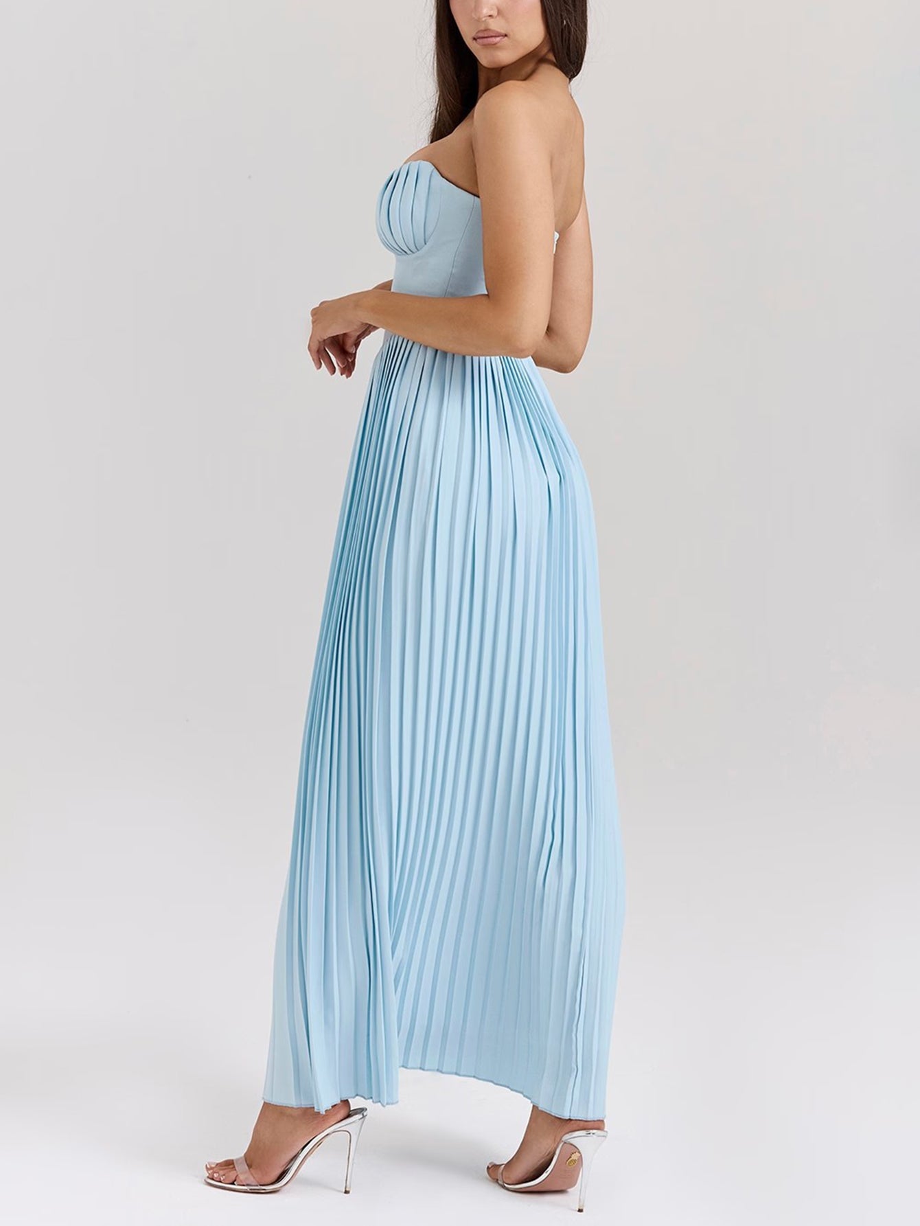 Strapless V Neck Pleated Corset Maxi Party Dress - fashionprilin