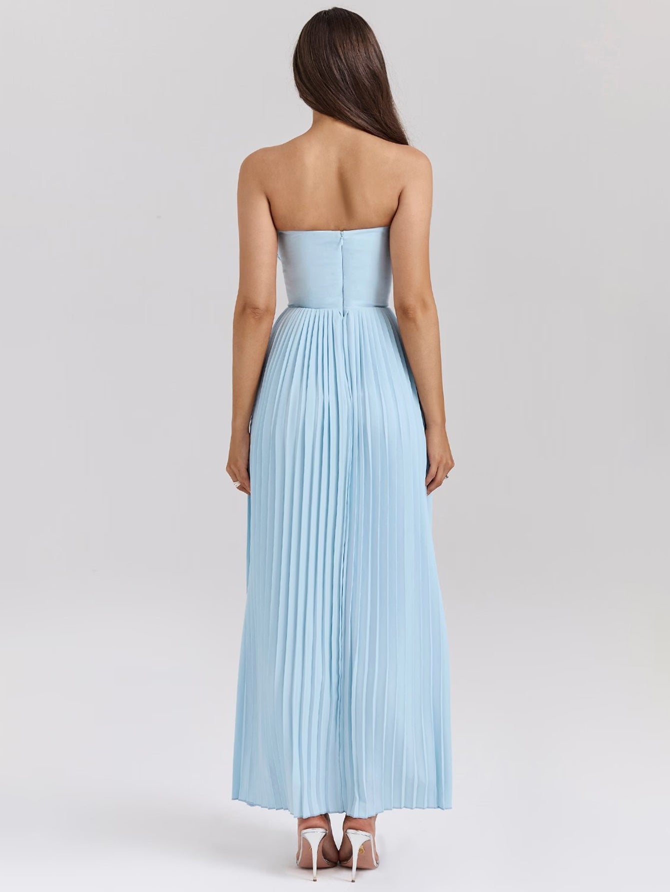 Strapless V Neck Pleated Corset Maxi Party Dress - fashionprilin