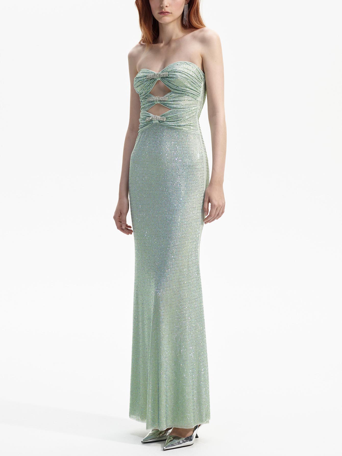 Sparkling  Strapless Maxi Dress with Cutouts and Crystals