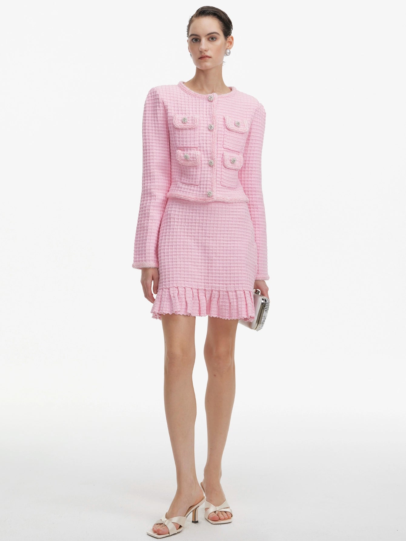 Pink Tweed Mini Skirt Set with Pleated Hem