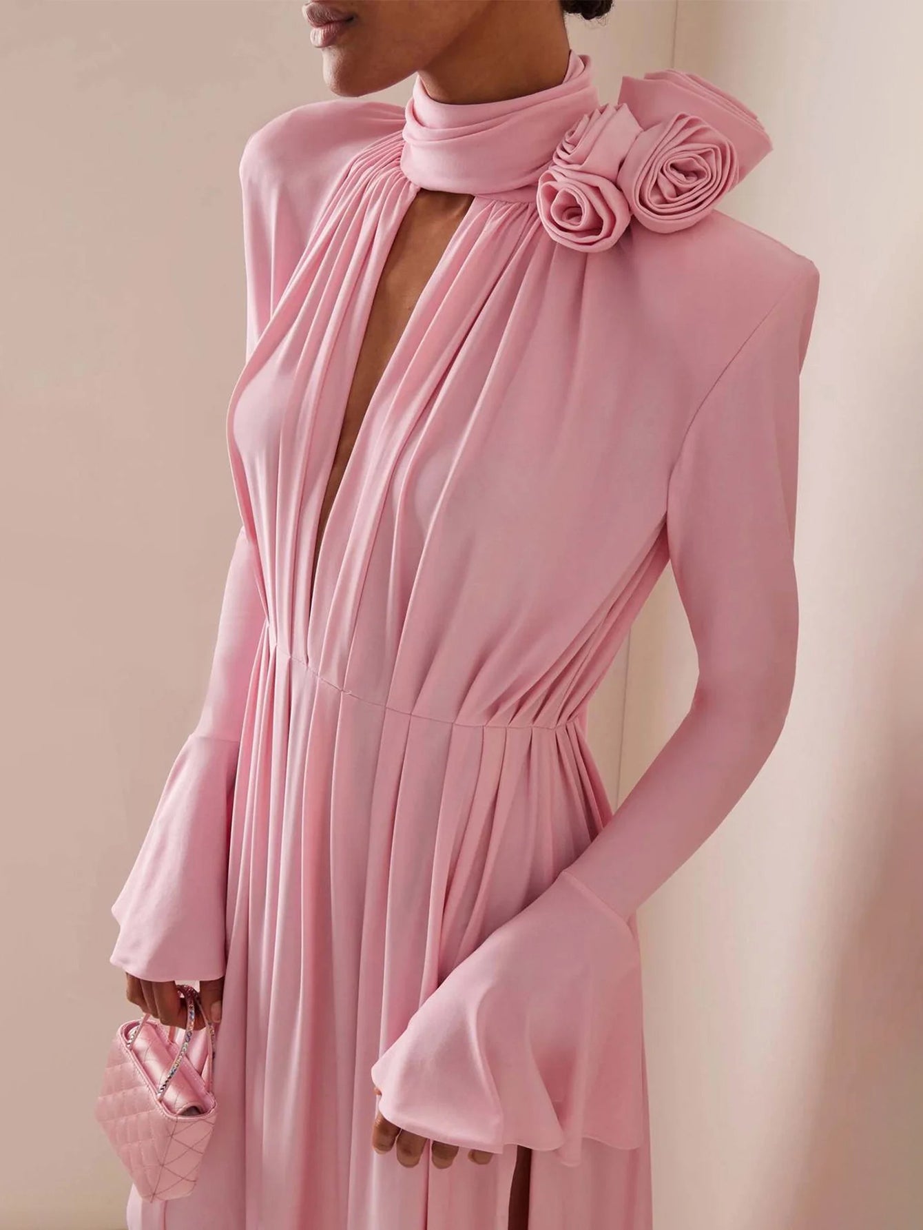 Pink Deep V-Neck Gown with Rose Embellishment