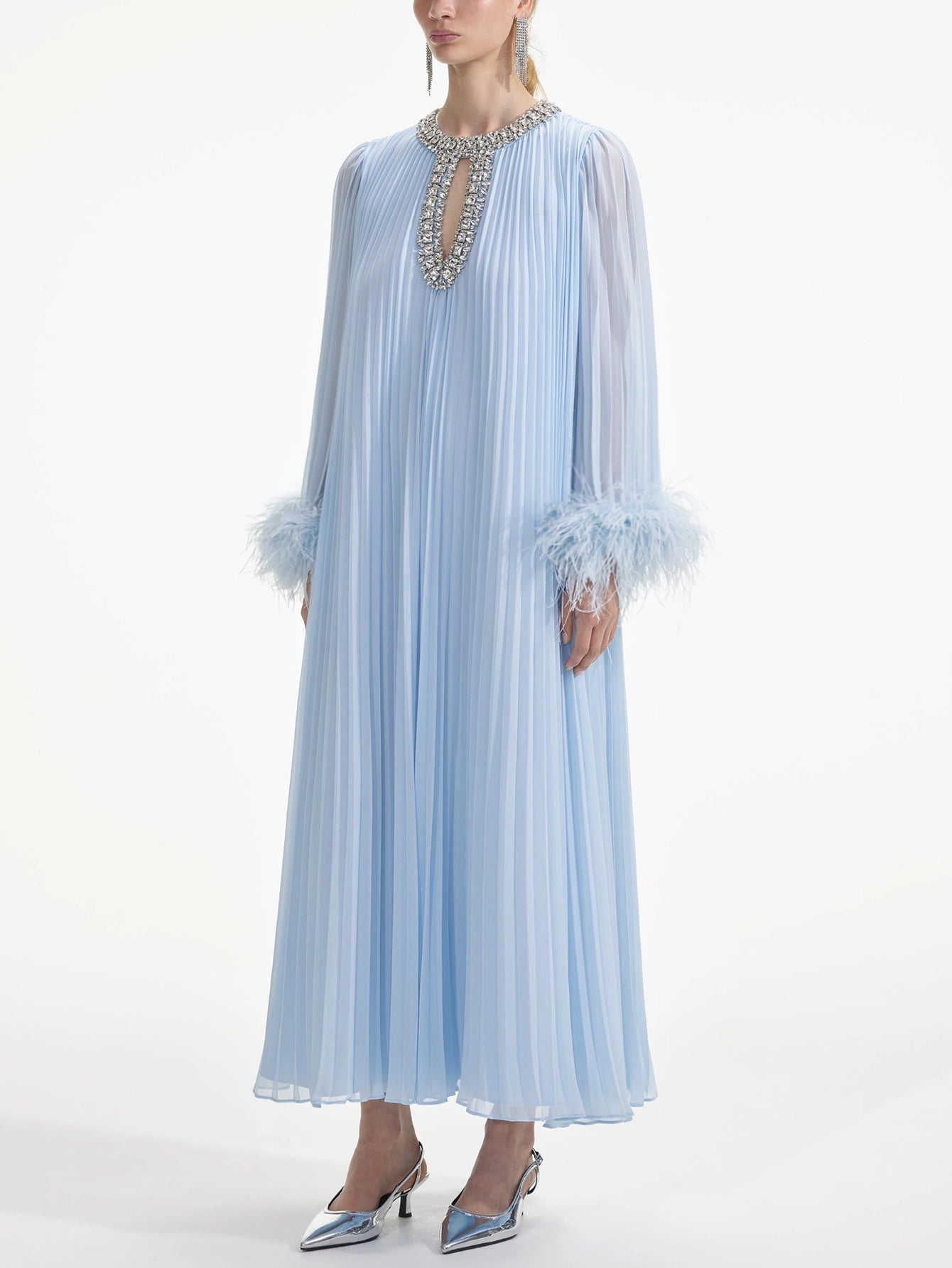 Feathered Cuff Embellished Pleated Gown