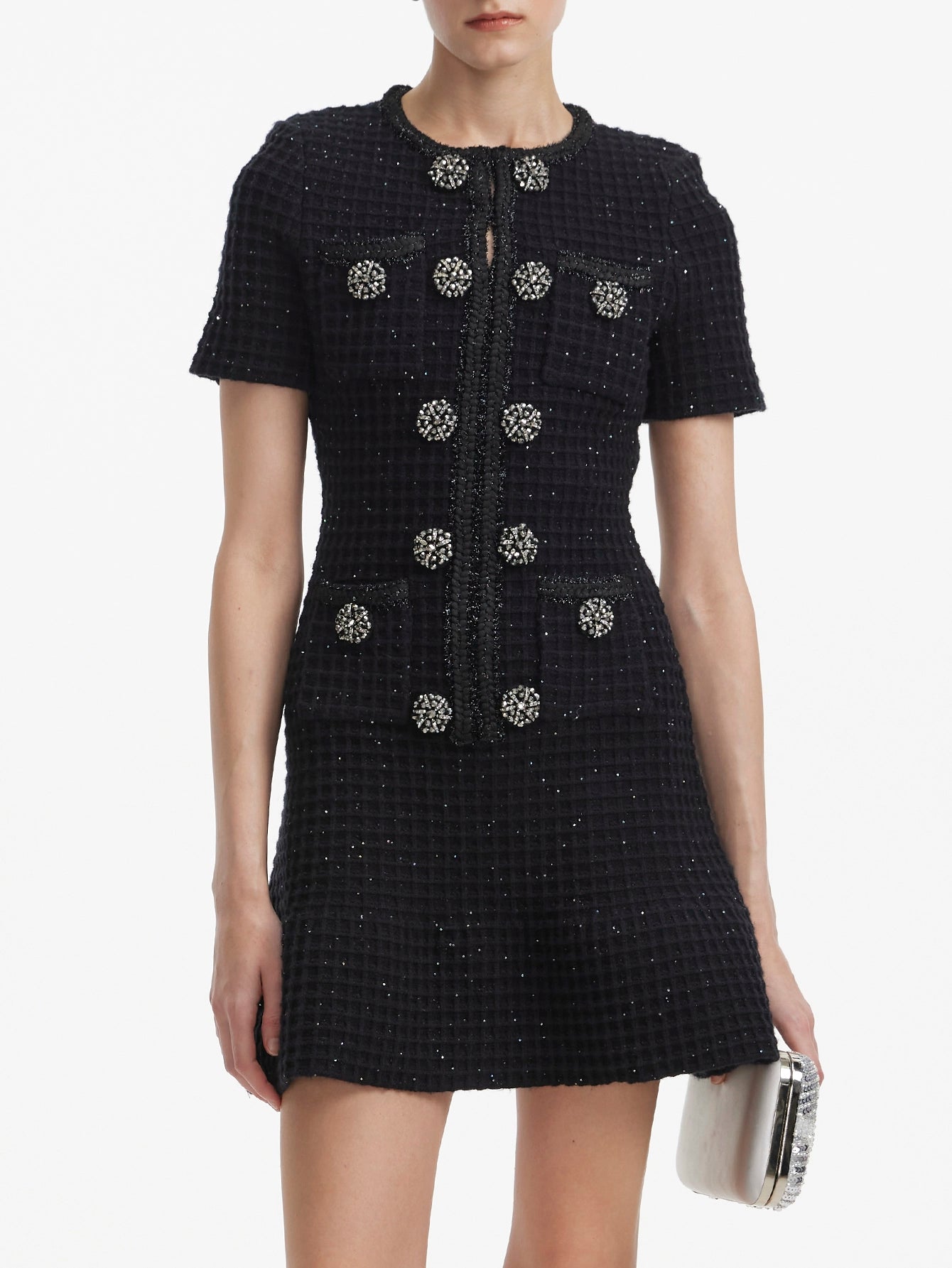 Black Tweed Mini Dress with Crystal Buttons