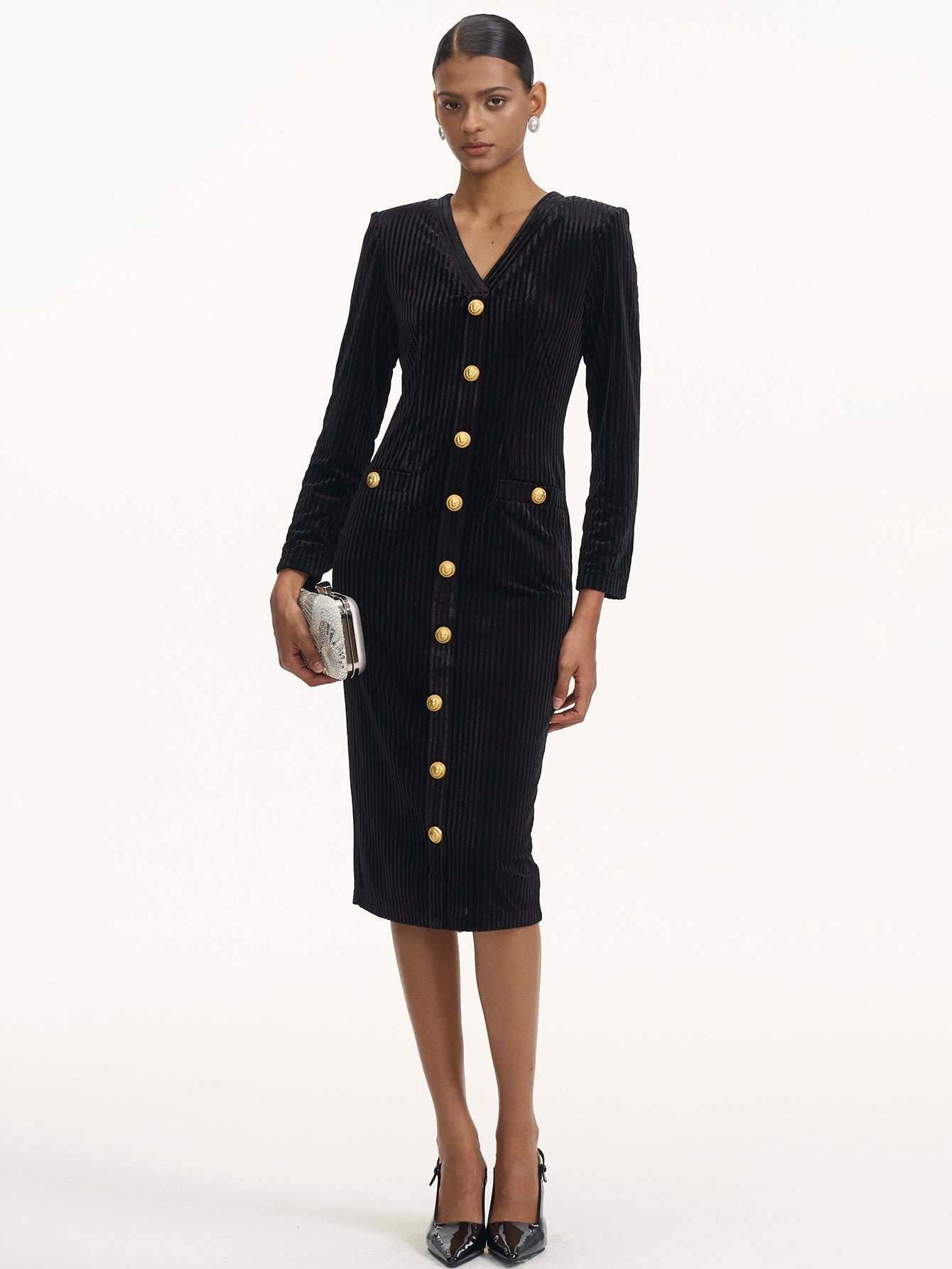 Elegant Midi Dress with Gold Buttons(Silvia)