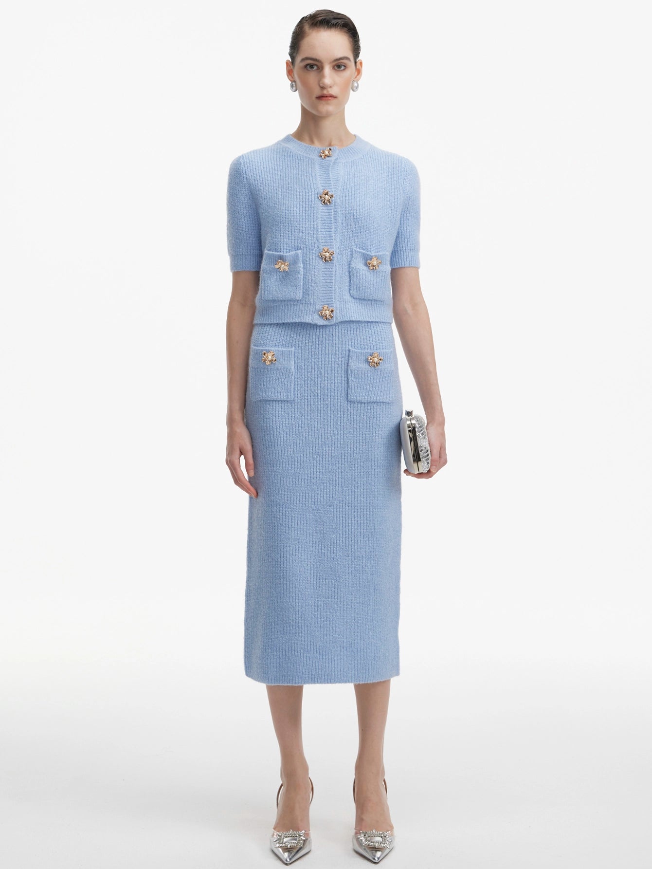 Blue Knit Skirt Suit with Embellished Buttons