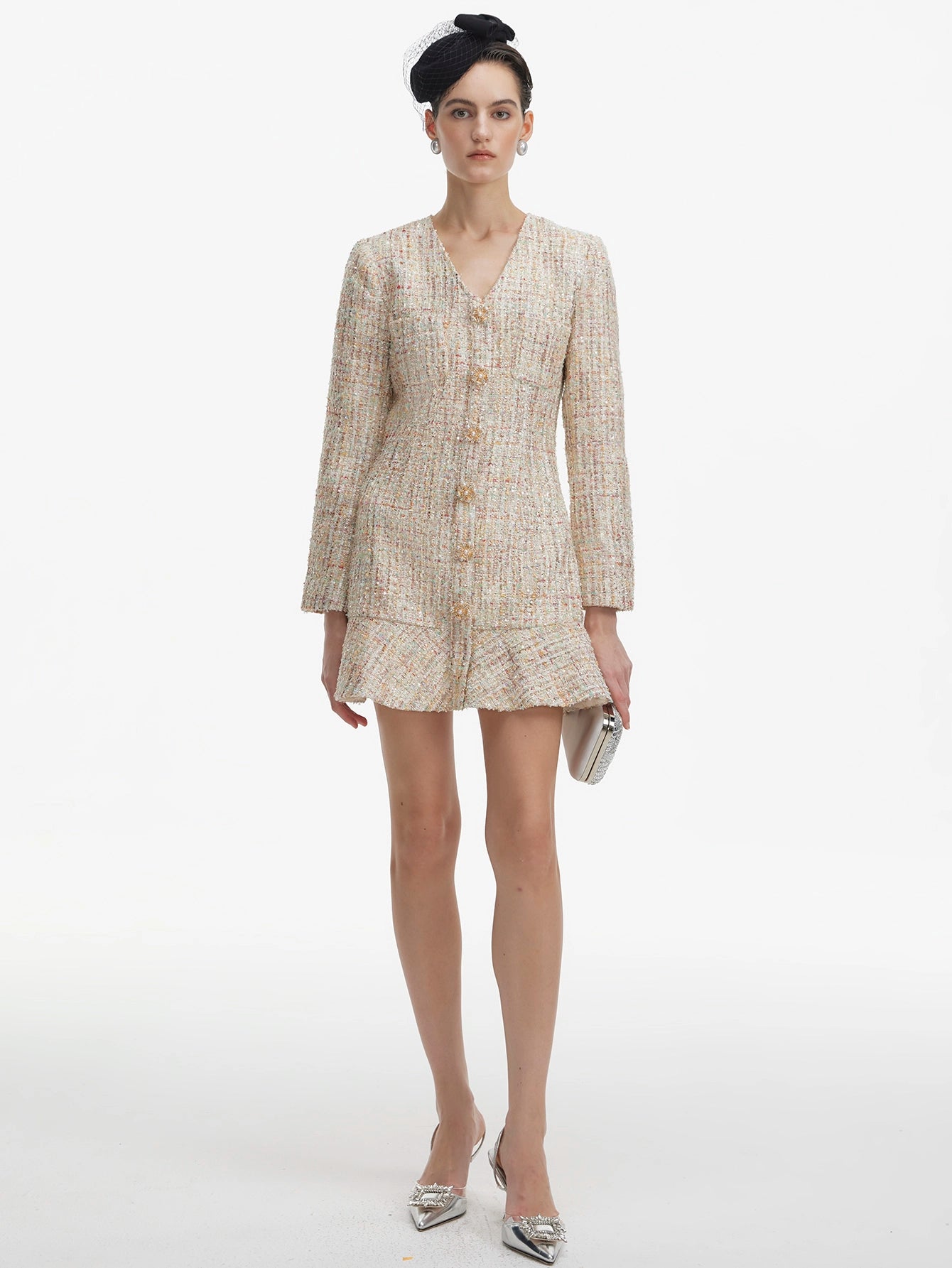 Long-Sleeved Sequined Tweed Mini Dress