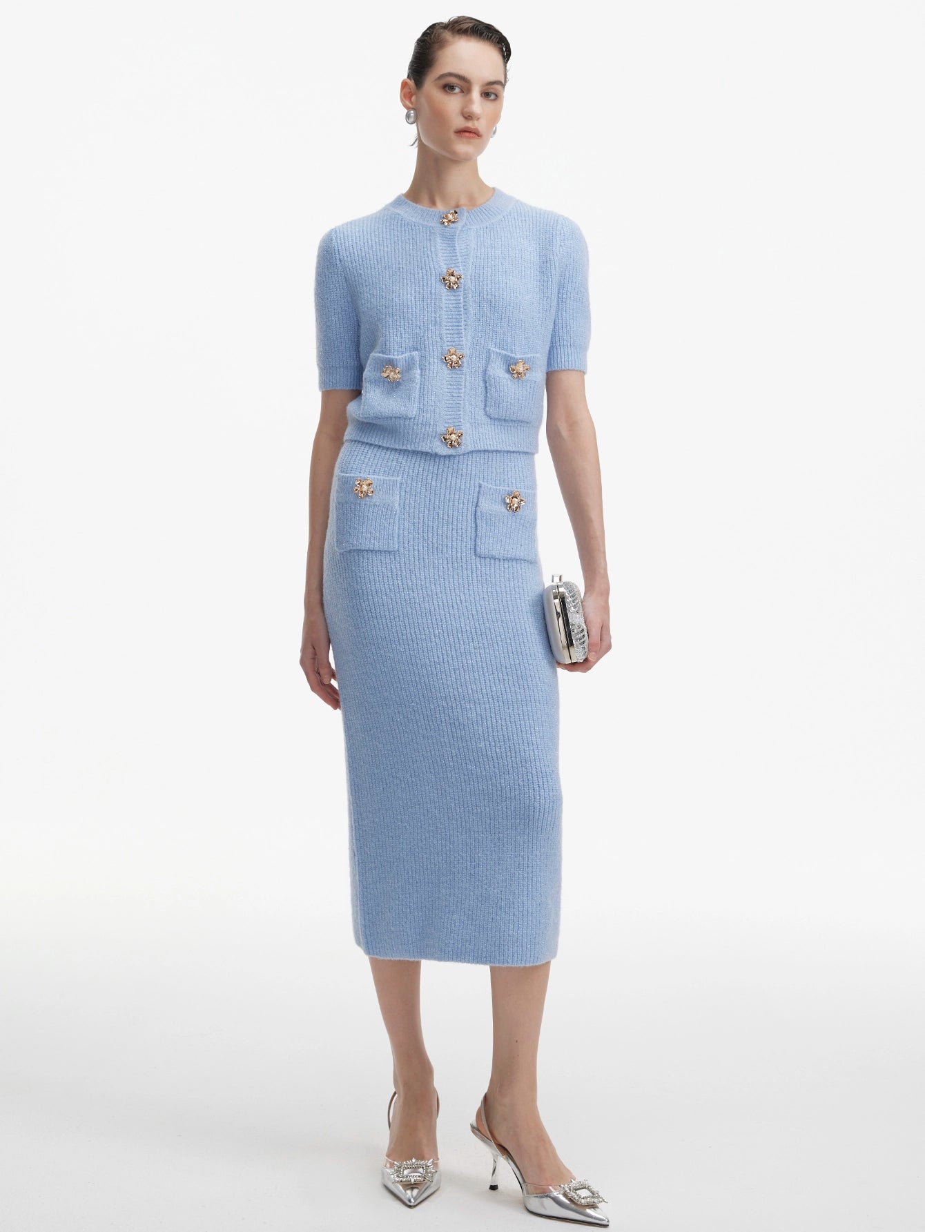 Blue Knit Skirt Suit with Embellished Buttons