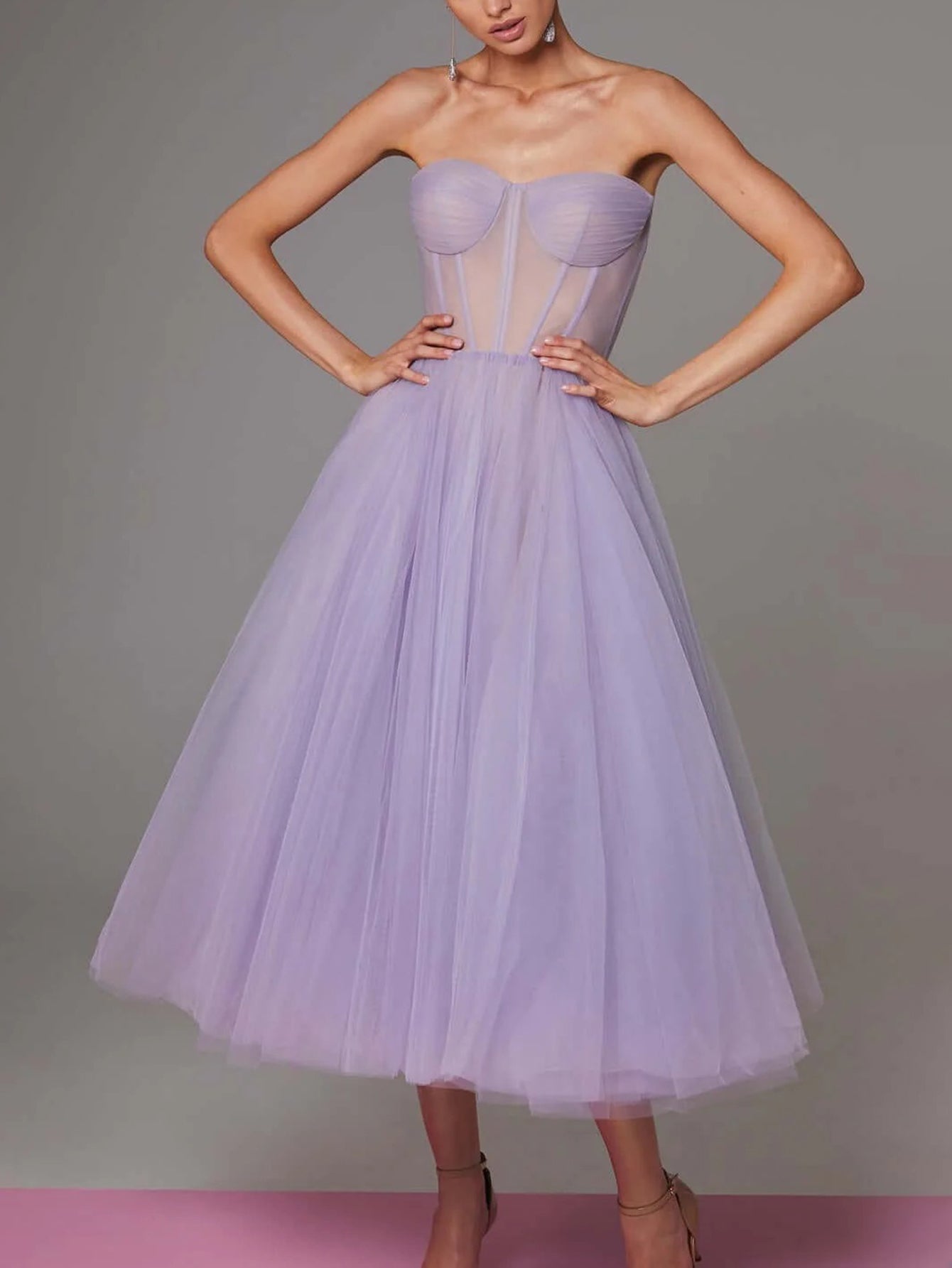 Strapless Puffy Tulle Midi Dress