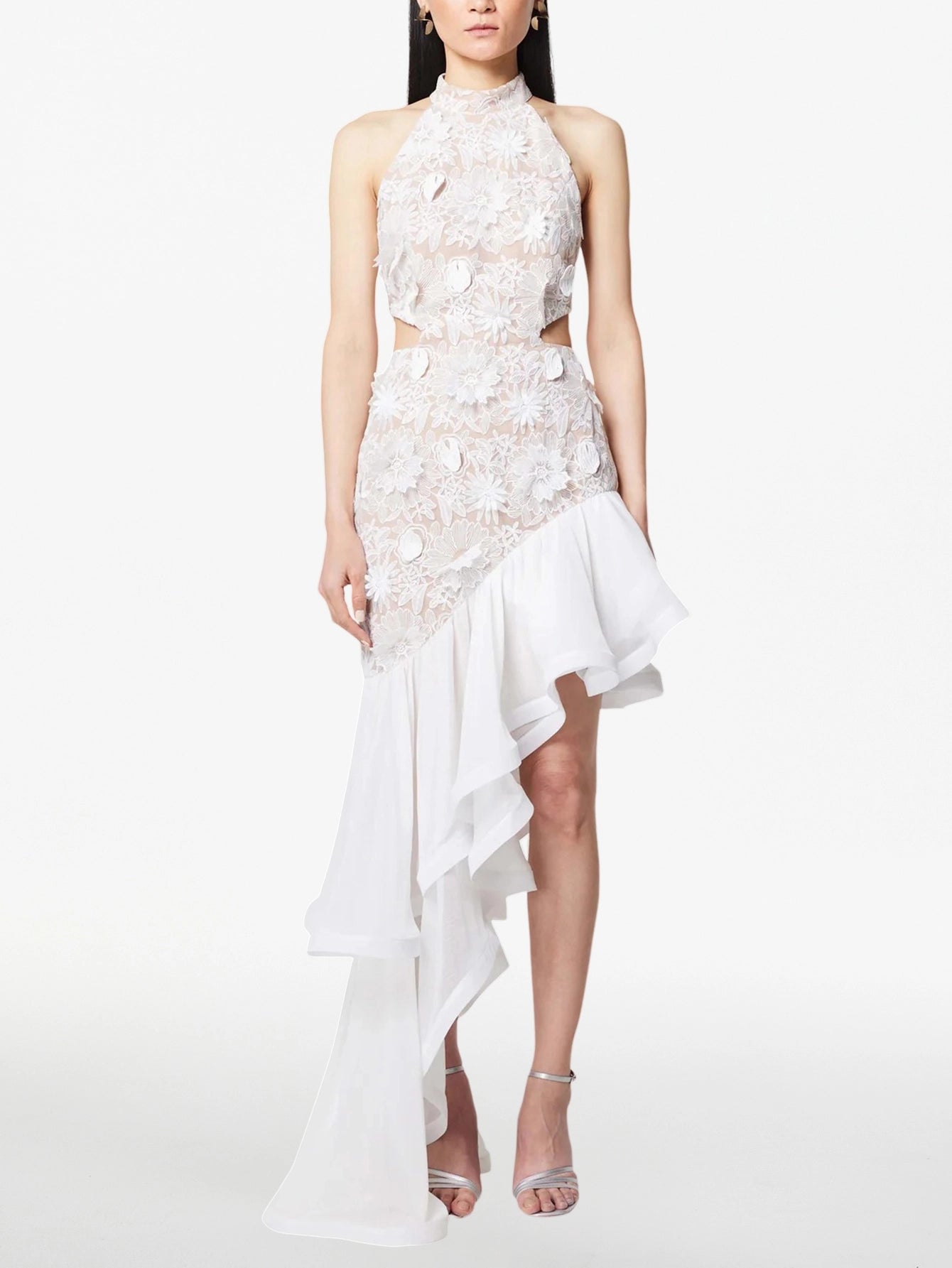 Floral Lace Overlay Asymmetric Hem Dress