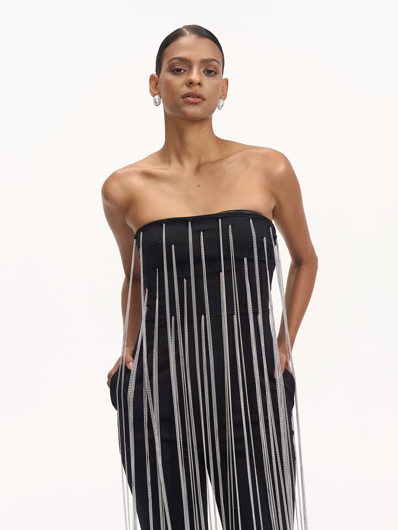 Cascading Chain Tassel Off-The-Shoulder Gown