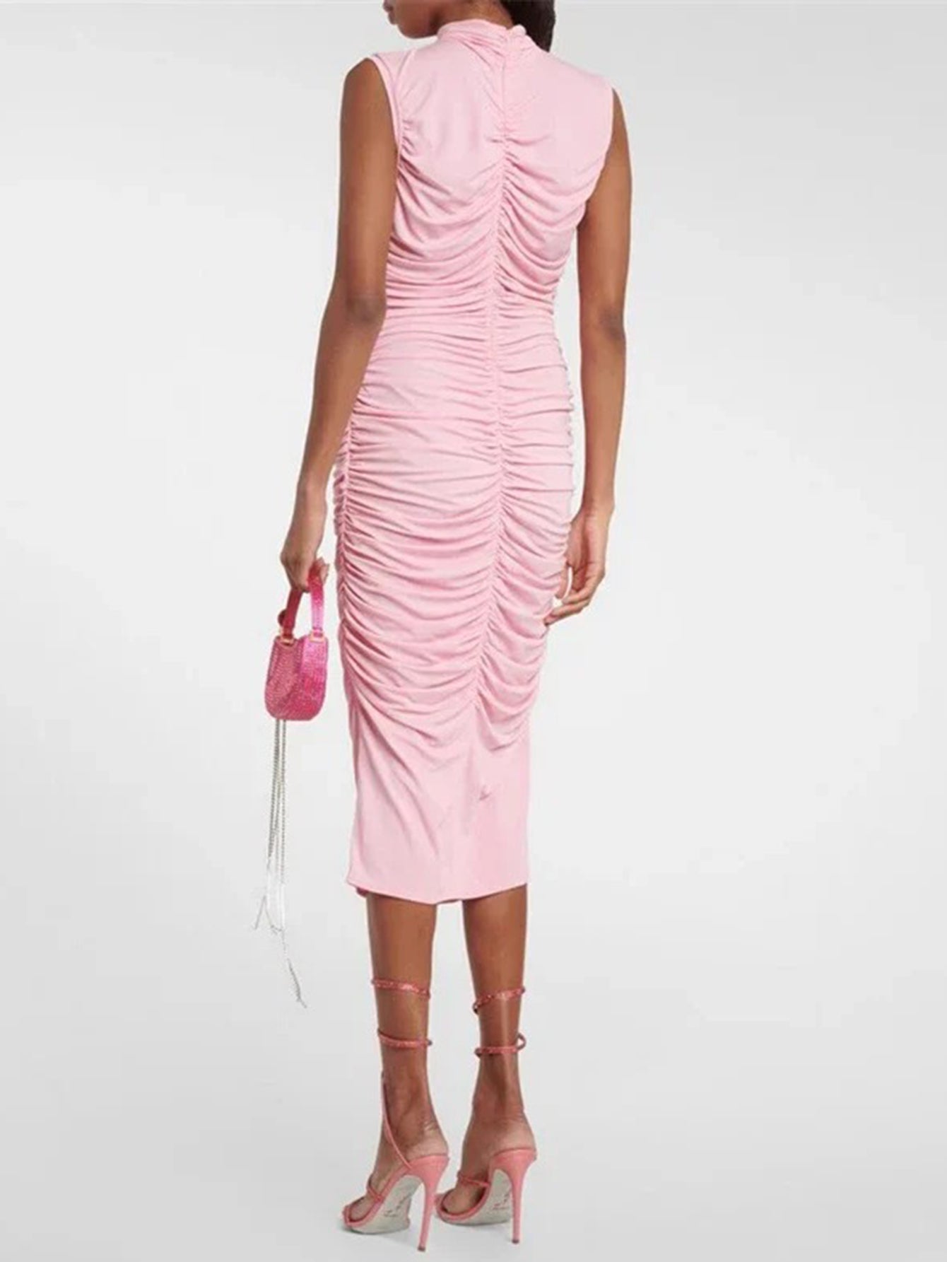 Romantic Ruched Midi Dress with Rosette Detail