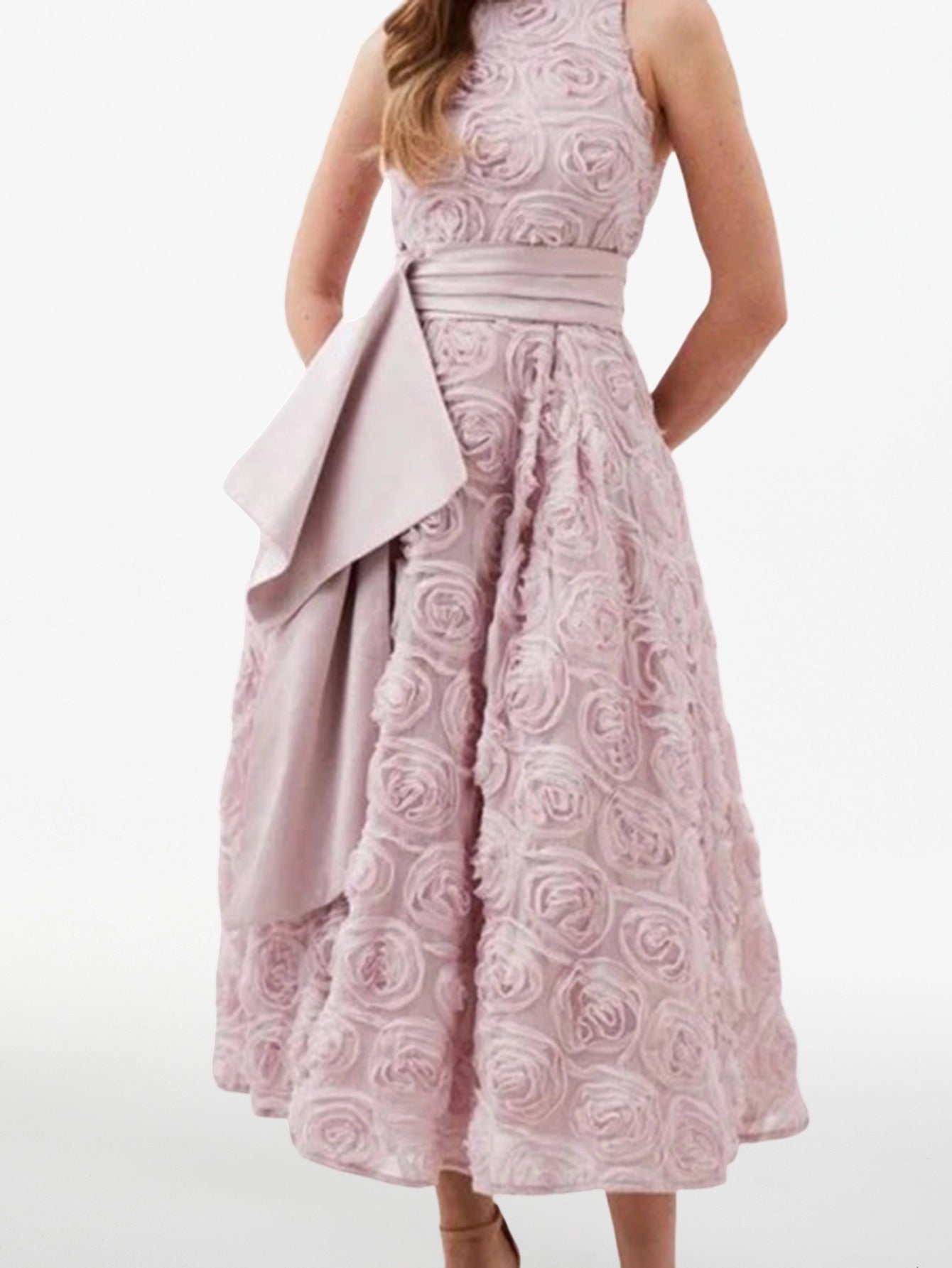 Rose Textured Midi Dress with Sash