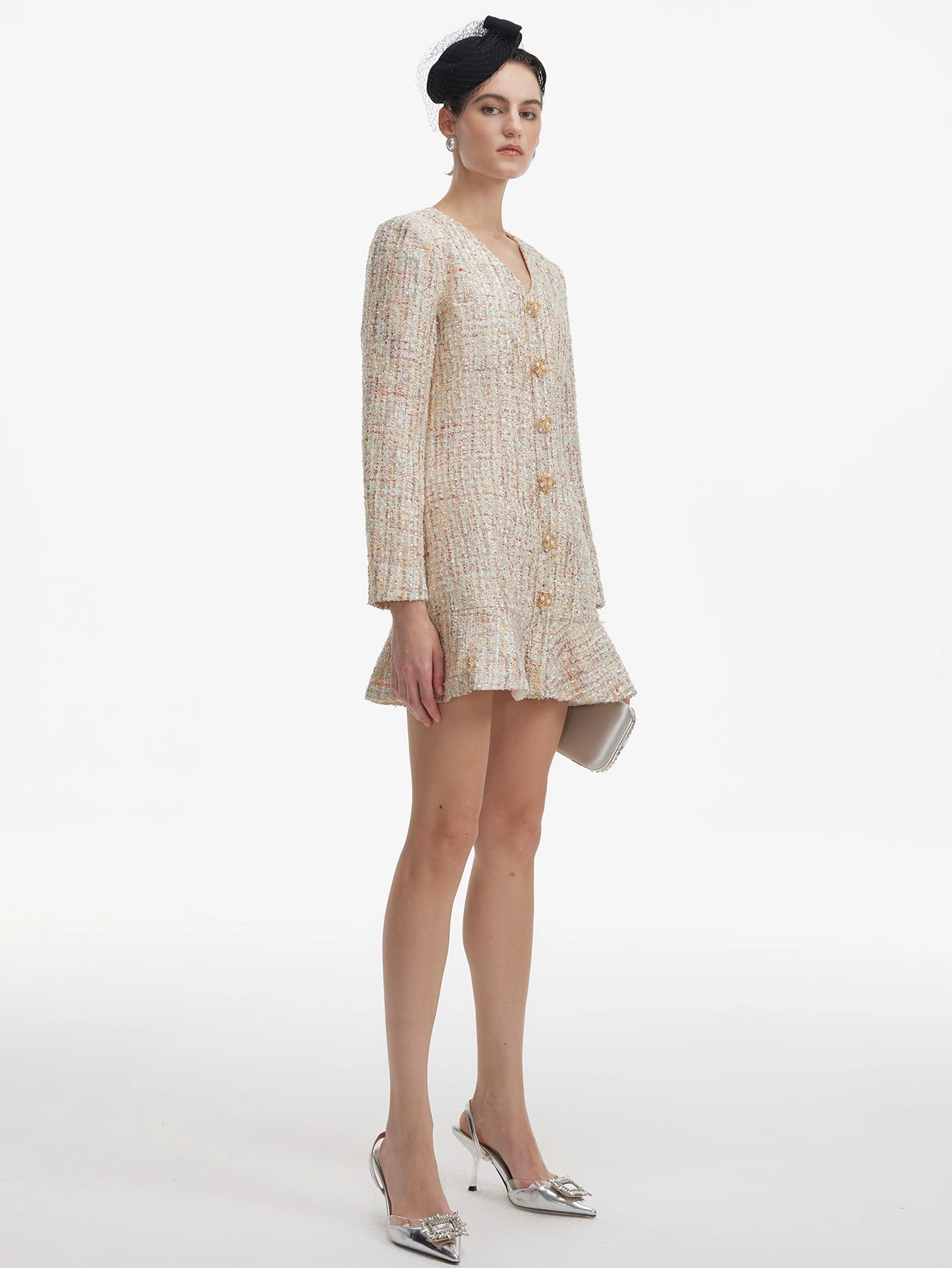 Long-Sleeved Sequined Tweed Mini Dress(Silvia)