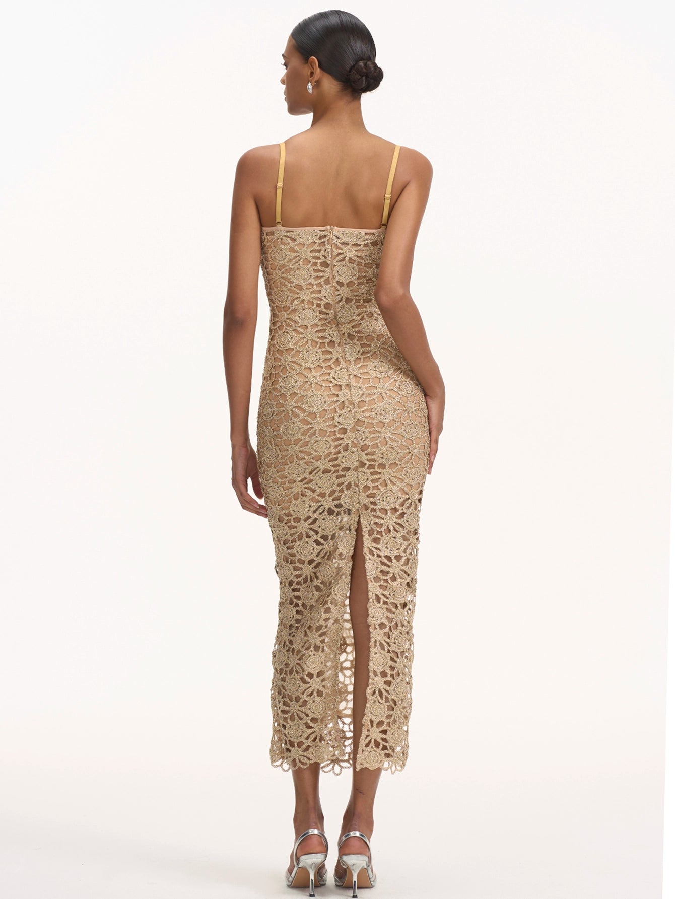 Halterneck Midi Dress with Intricate Crochet Detailing