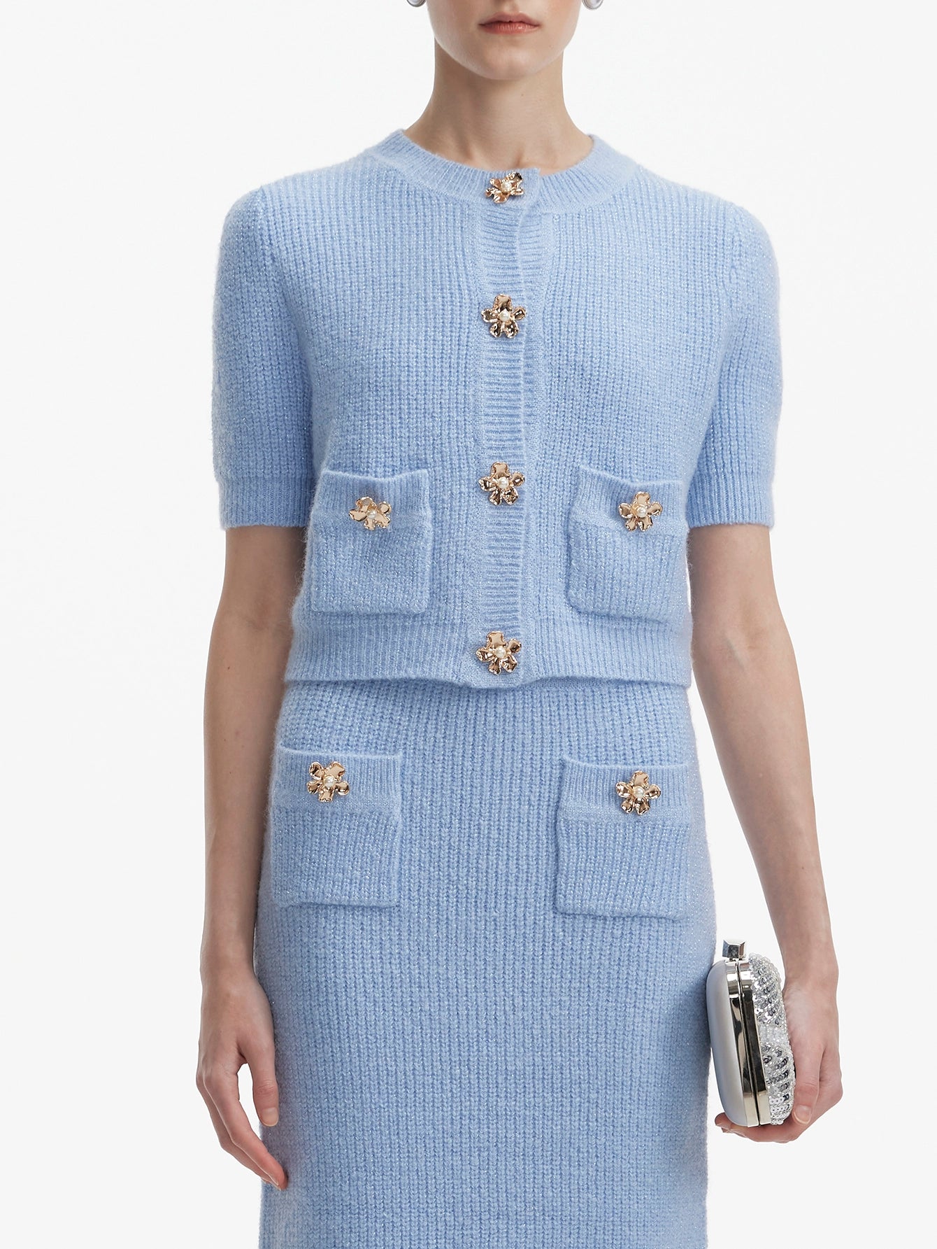 Blue Knit Skirt Suit with Embellished Buttons