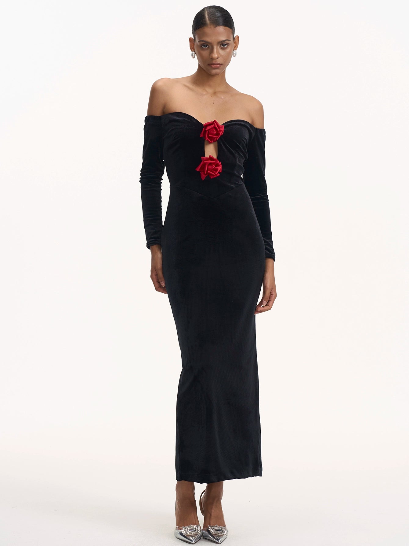 Red RoseVelvet Off-the-Shoulder Gown