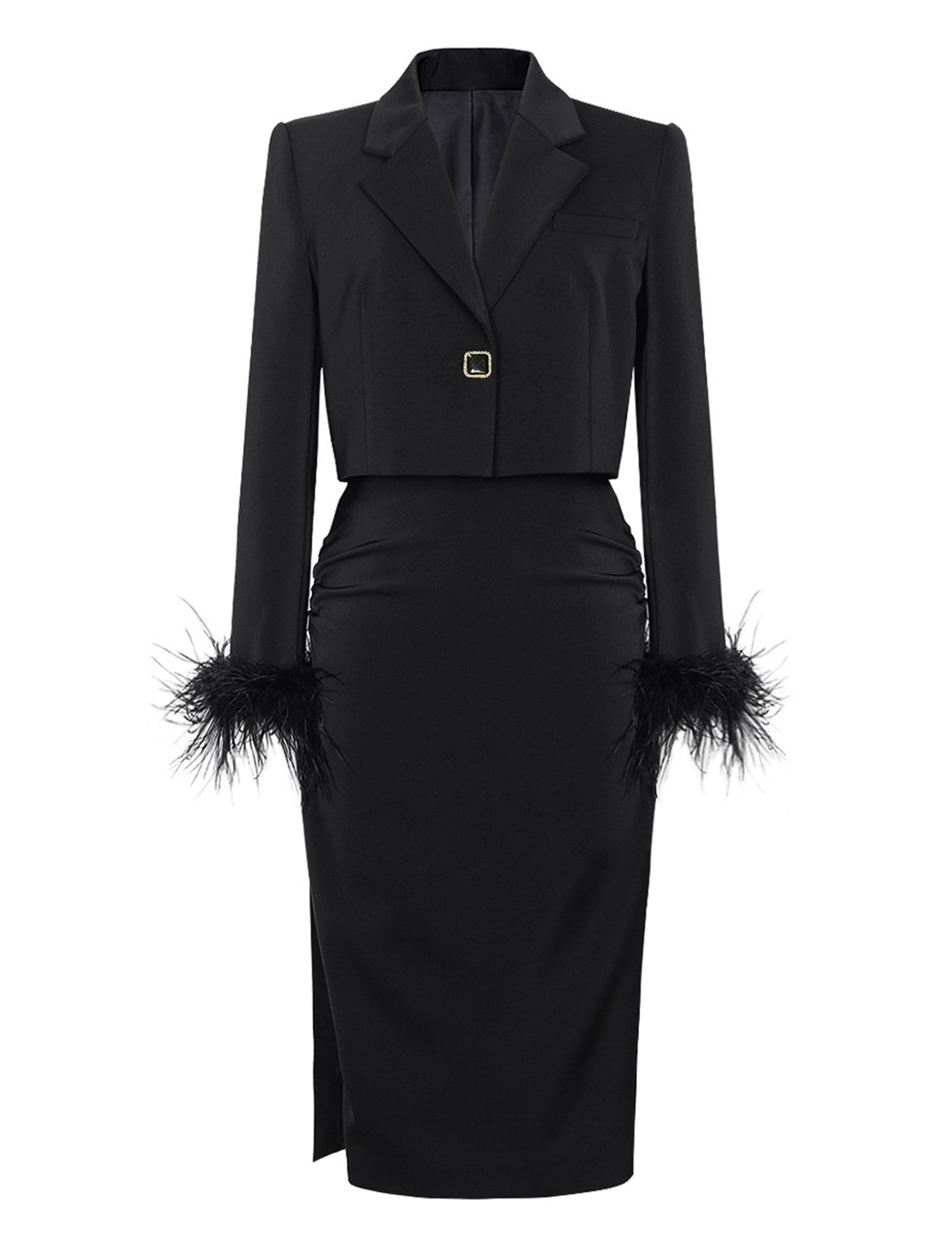 Black Feather Trimmed Blazer and Skirt Set