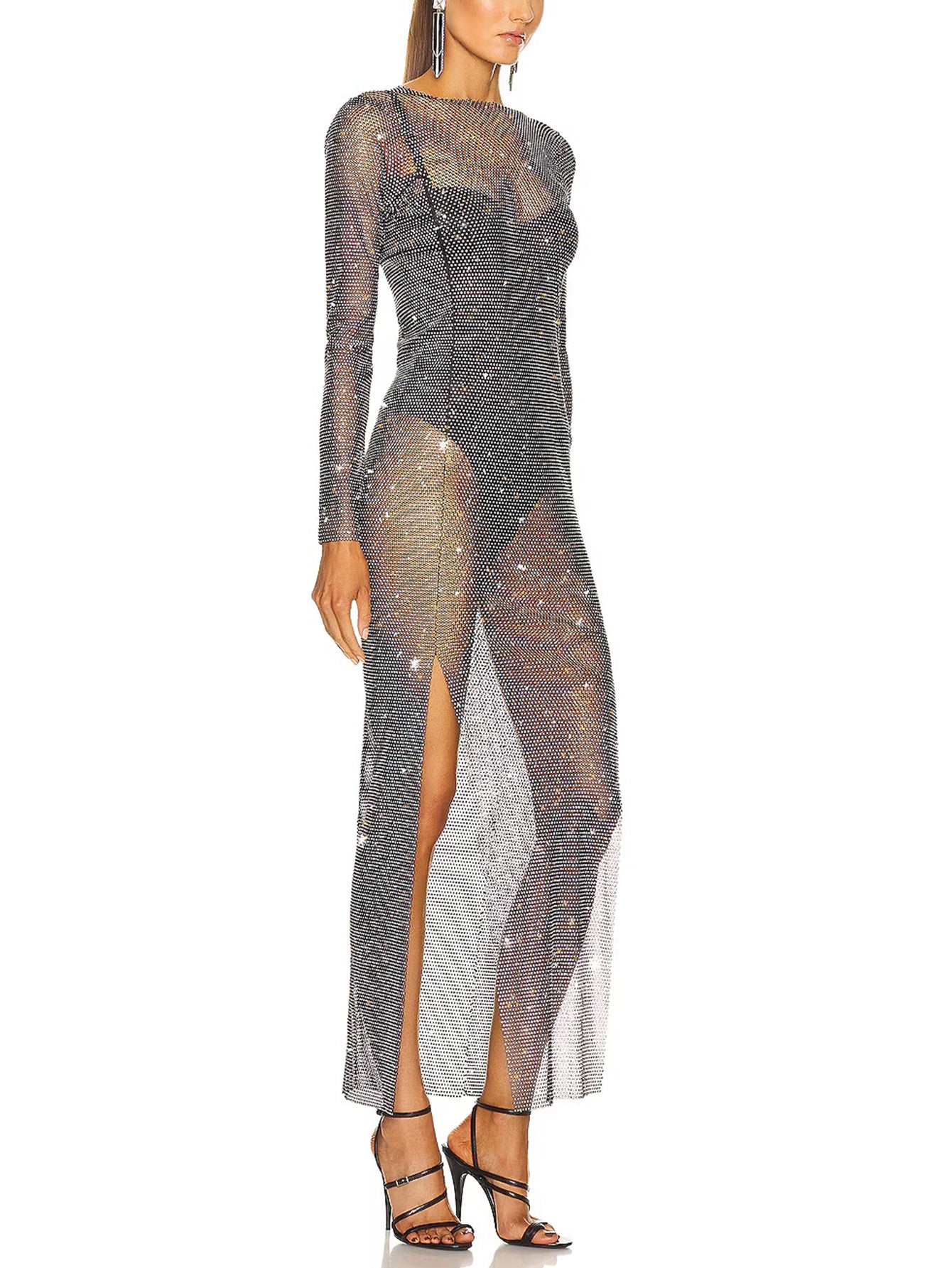 Sequin Mesh Long-Sleeve Maxi Dress