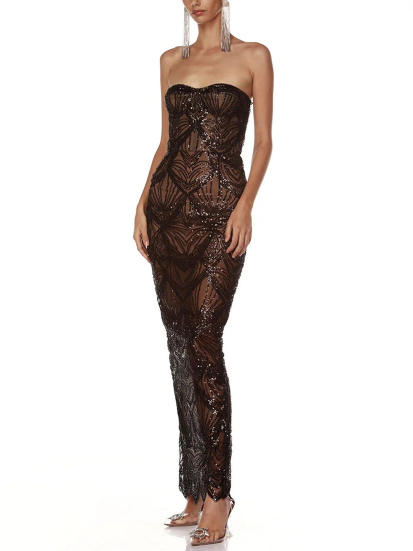 Sheer Sequin Strapless Gown