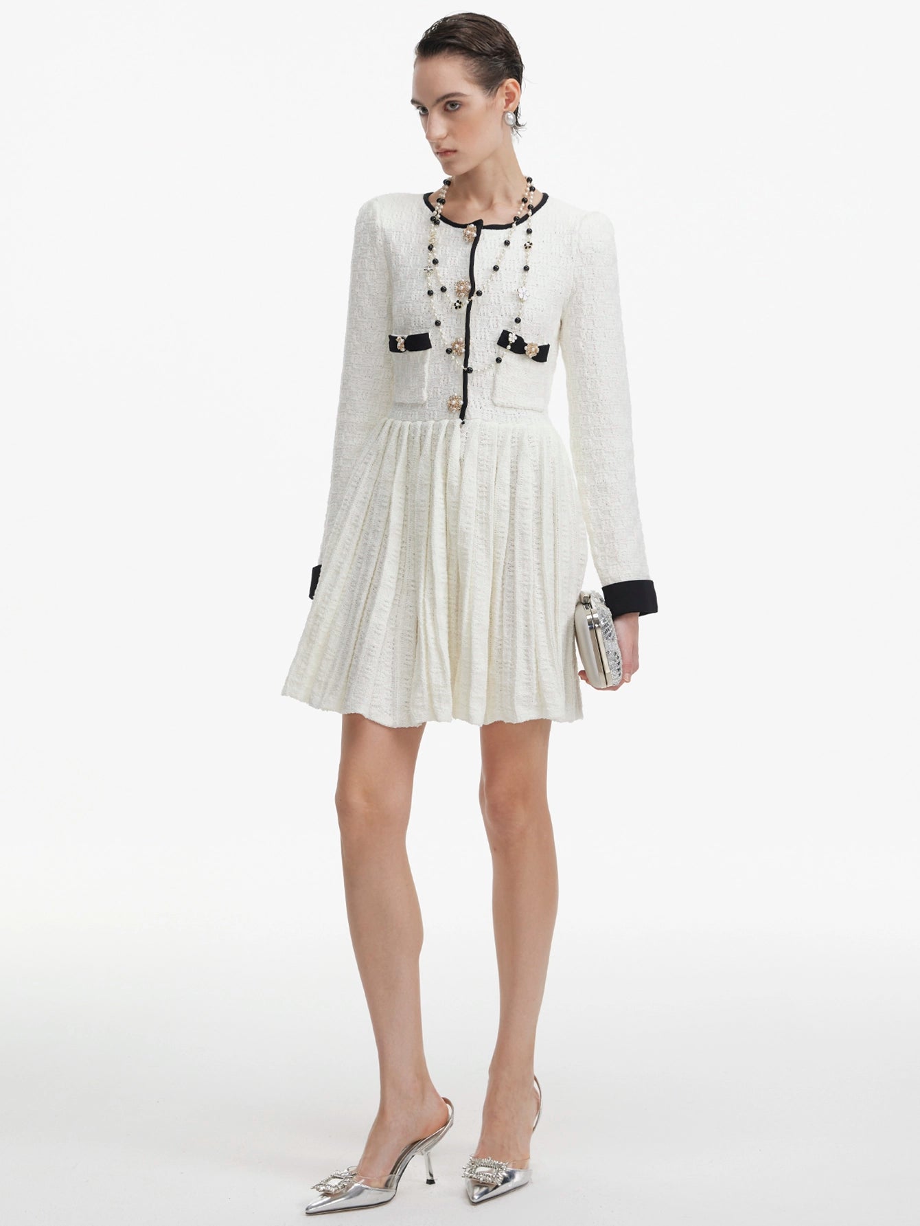 Pleated Knit Mini Dress with Pearl Buttons