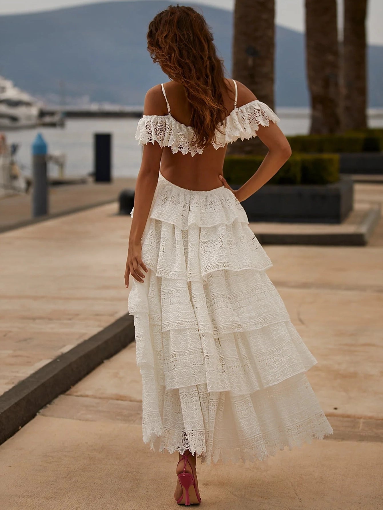 Elegant Suspender Tiered Lace Midi Dress