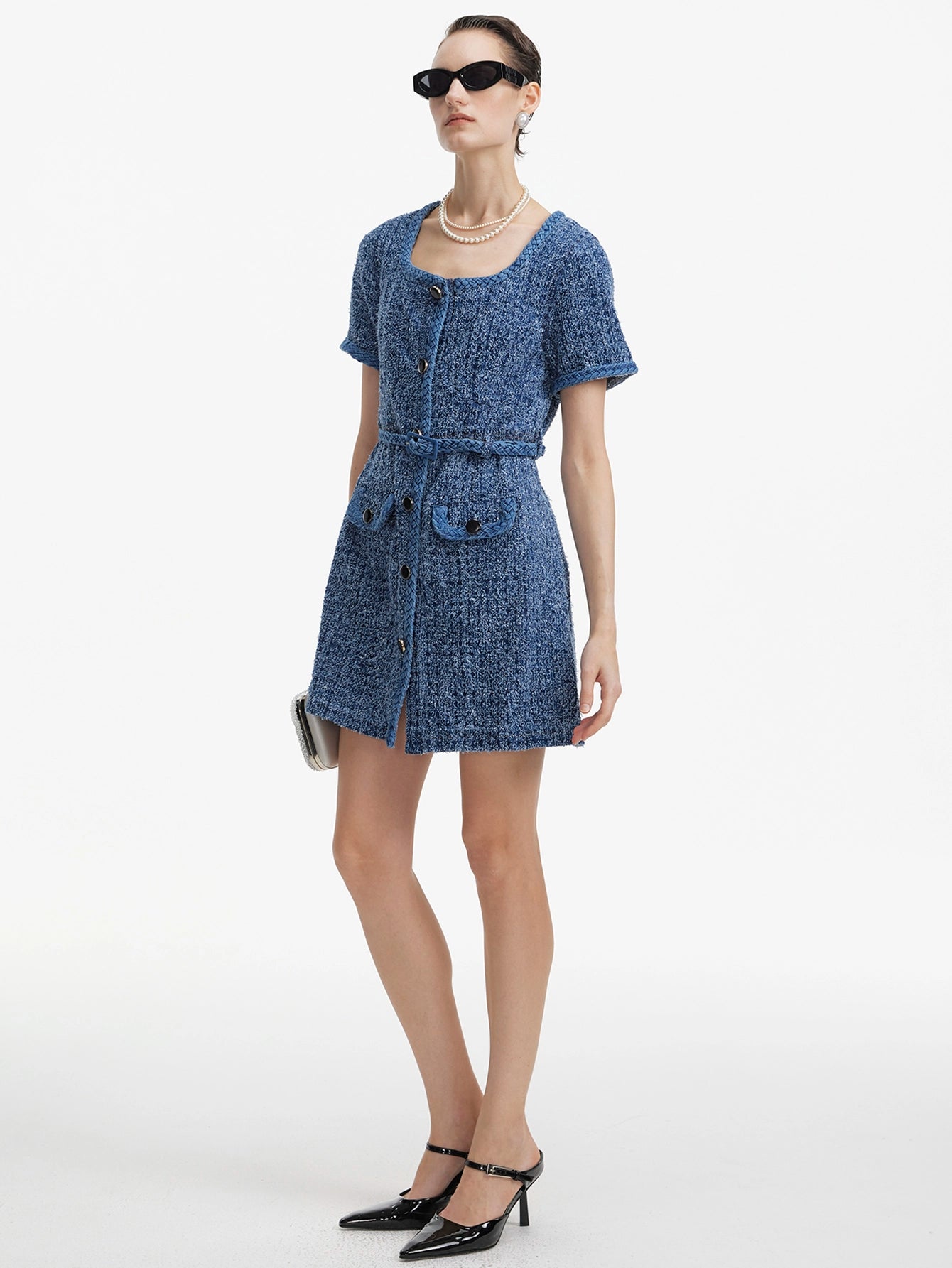 Tweed Belted Mini Dress with Braided Trim