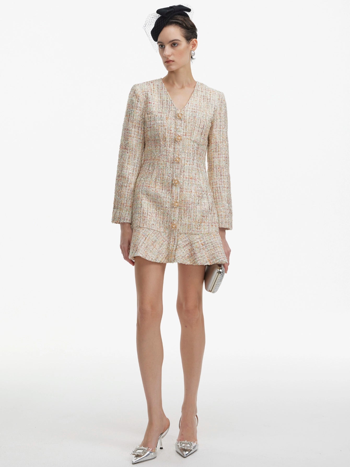 Long-Sleeved Sequined Tweed Mini Dress(Silvia)