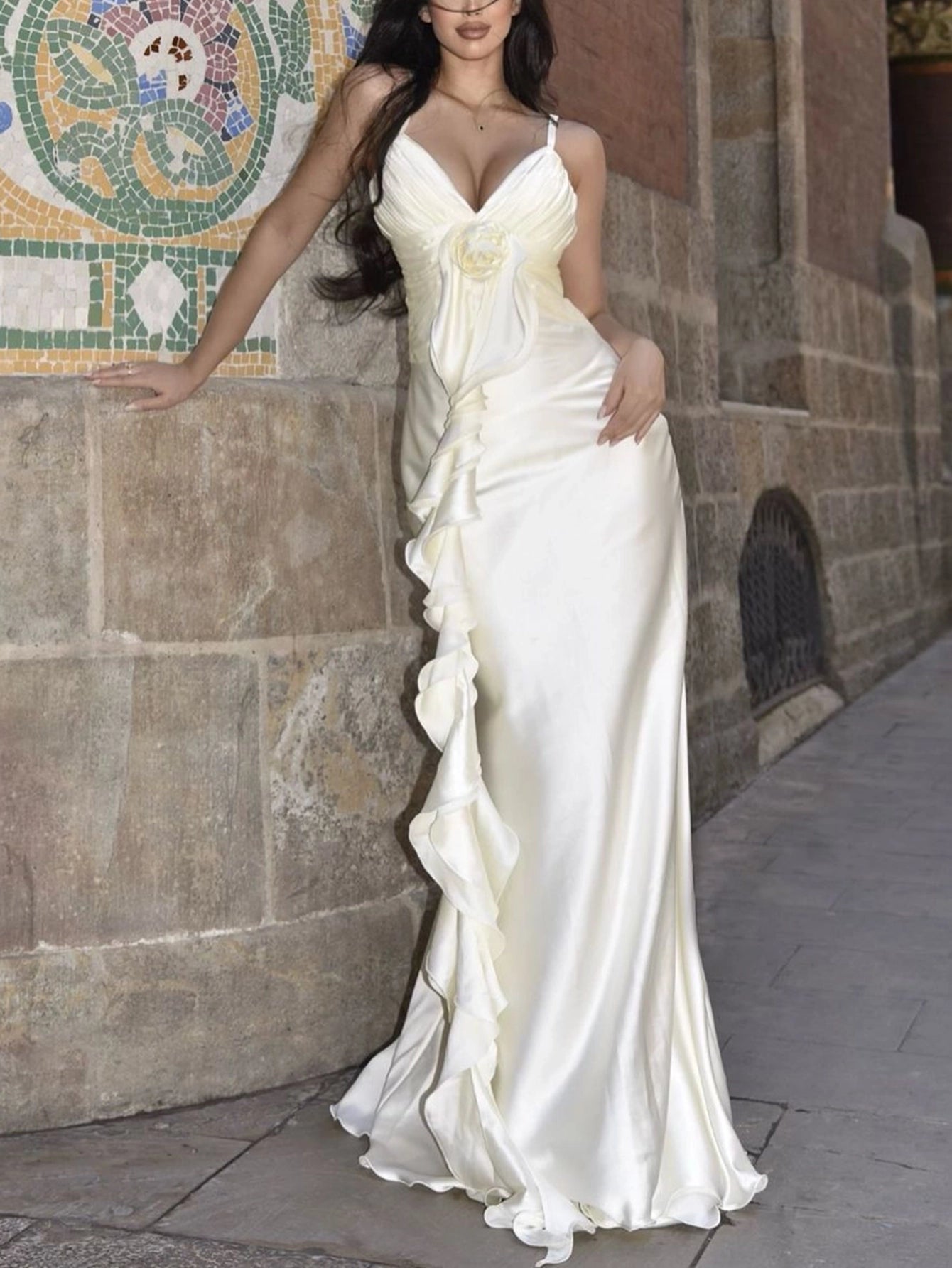 Elegant Satin Gown with Floral Detail