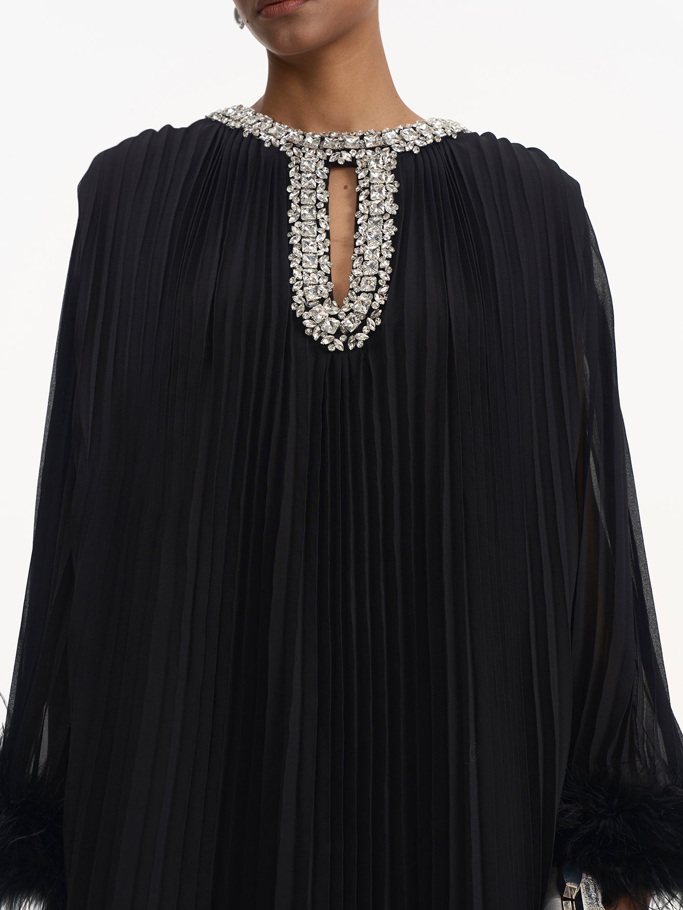 Feathered Cuff Embellished Pleated Gown