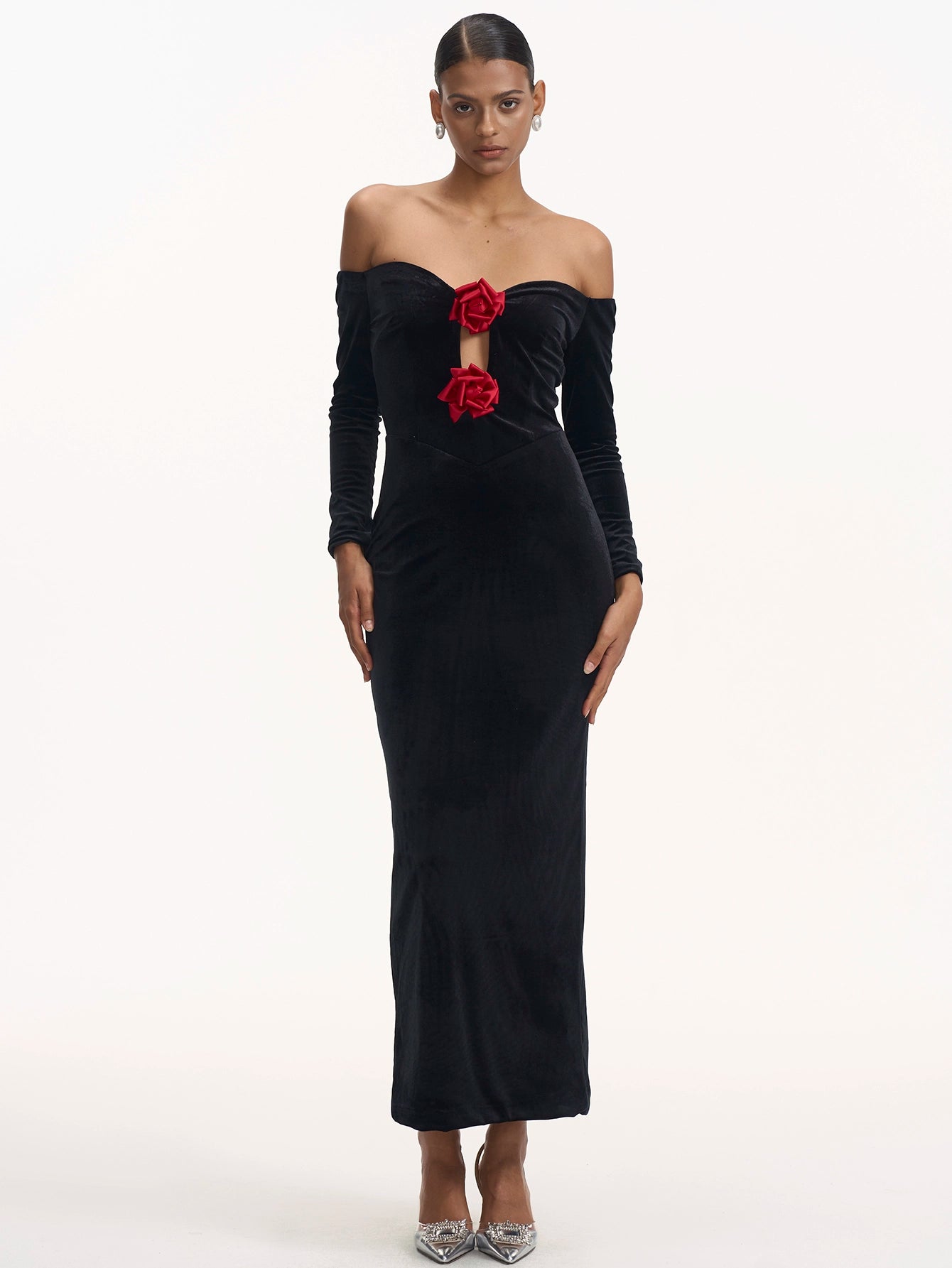 Red RoseVelvet Off-the-Shoulder Gown