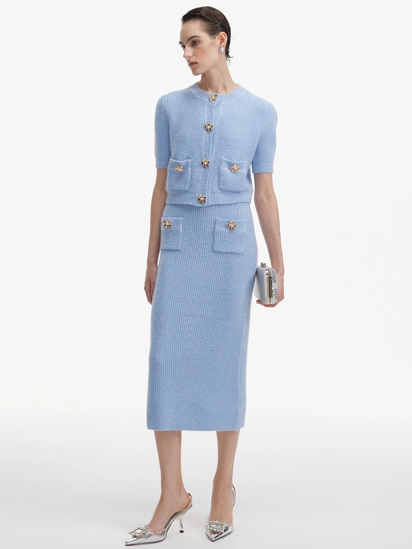 Blue Knit Skirt Suit with Embellished Buttons