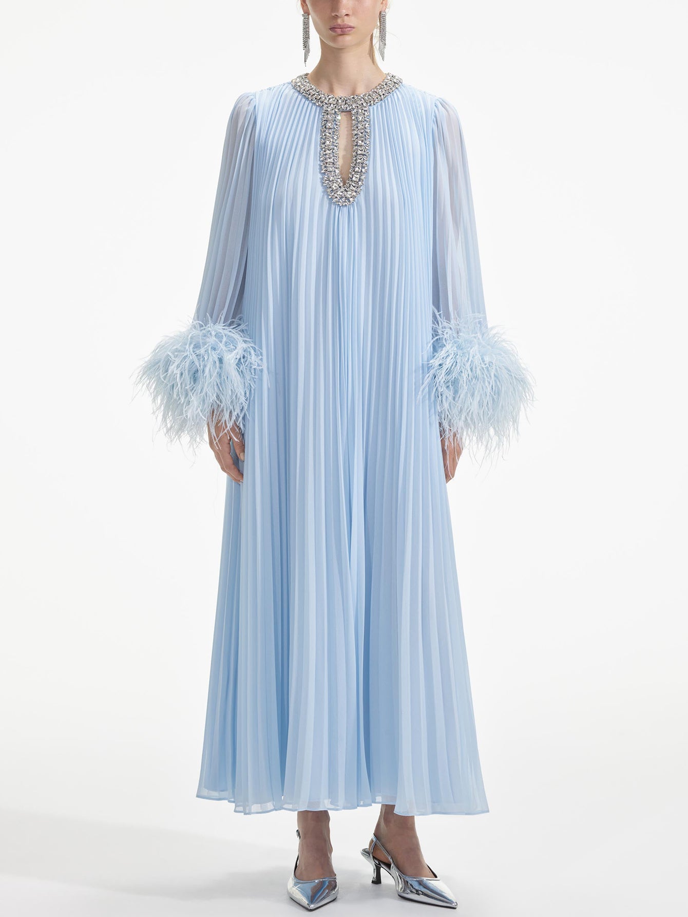 Feathered Cuff Embellished Pleated Gown